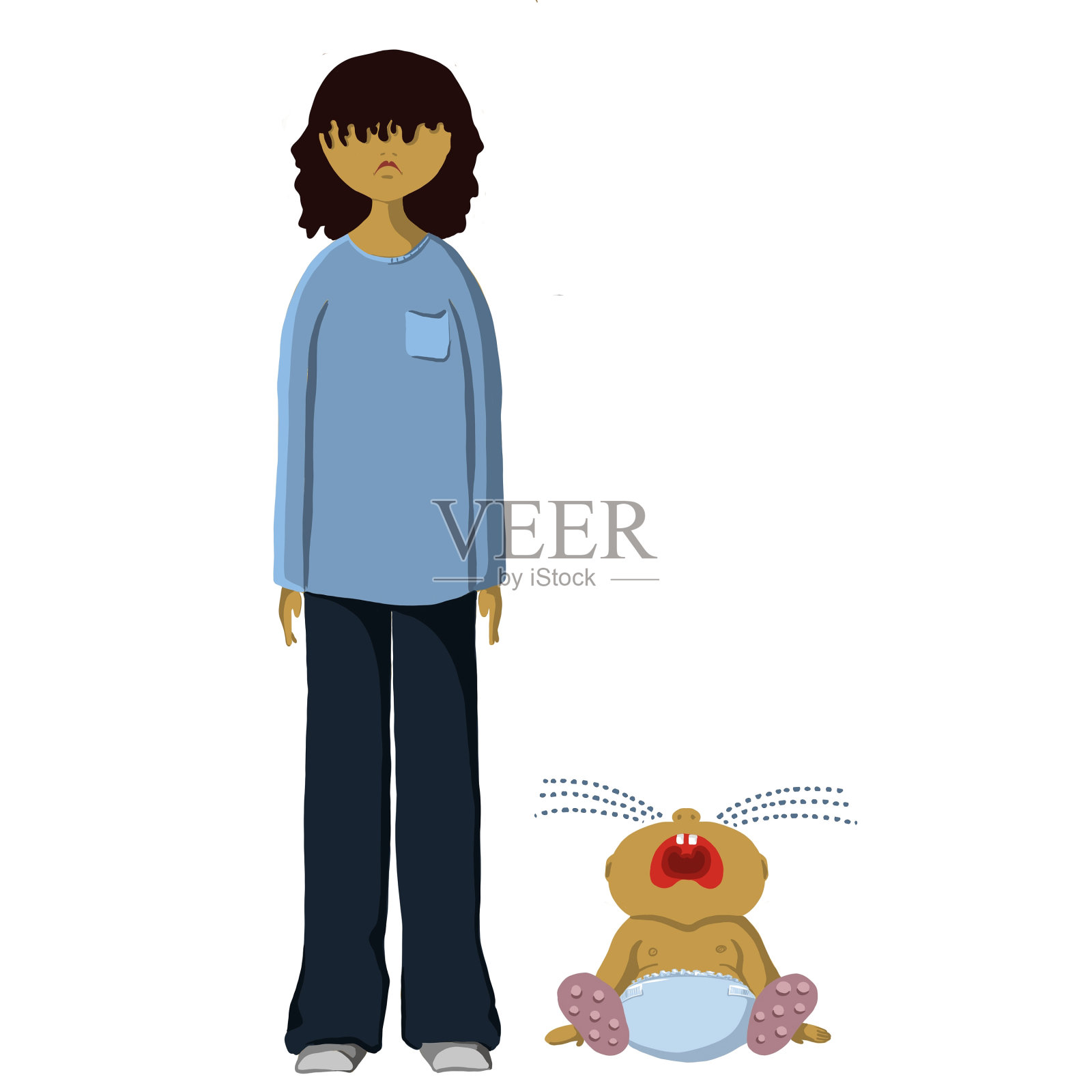 一位疲惫的母亲，头发凌乱，穿着宽松的家居服，双手垂下，旁边坐着一个正在哭泣的尿布婴儿。设计元素图片