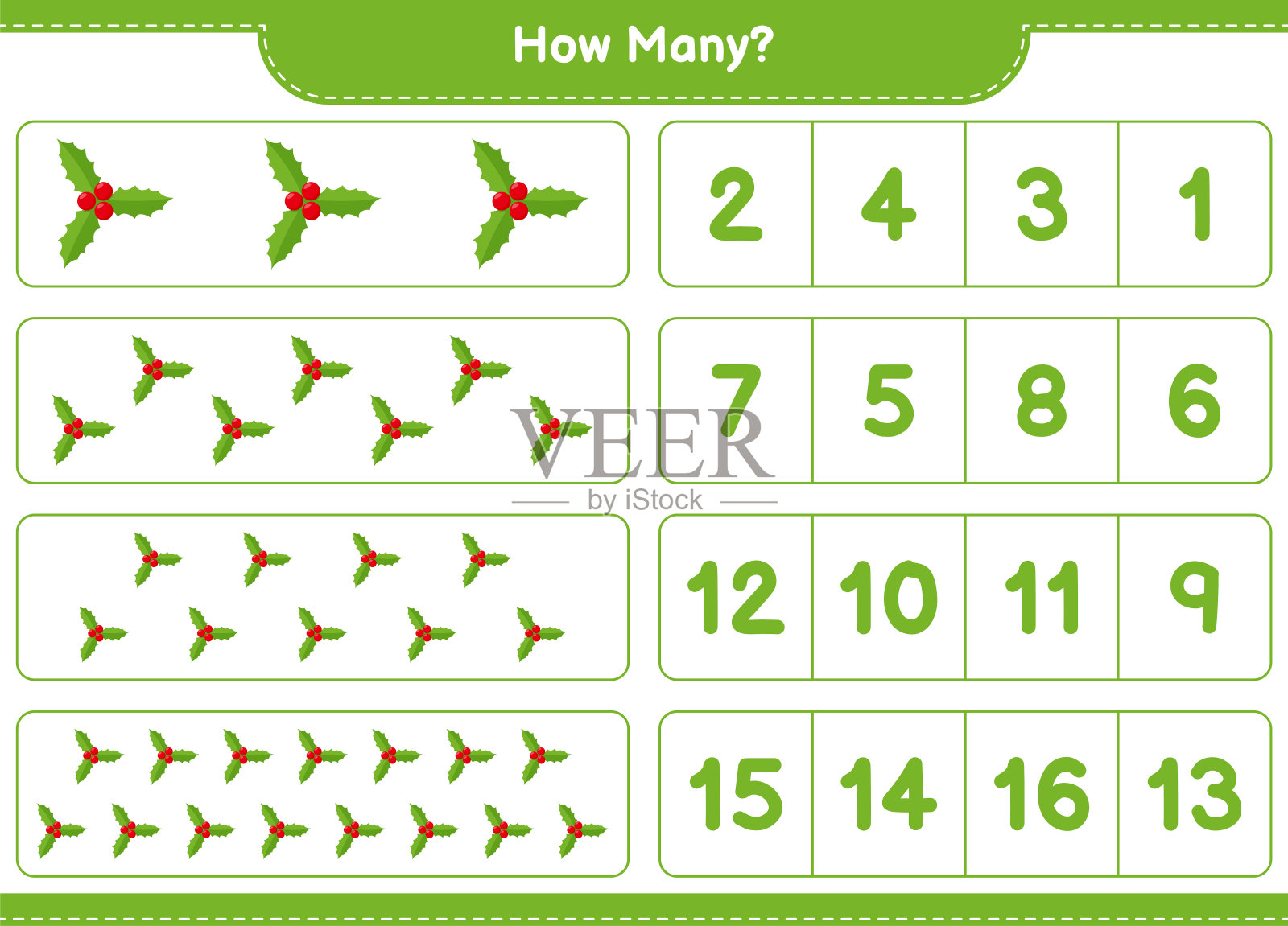 数游戏，有多少冬青浆果。教育儿童游戏，可打印的工作表，矢量插图插画图片素材