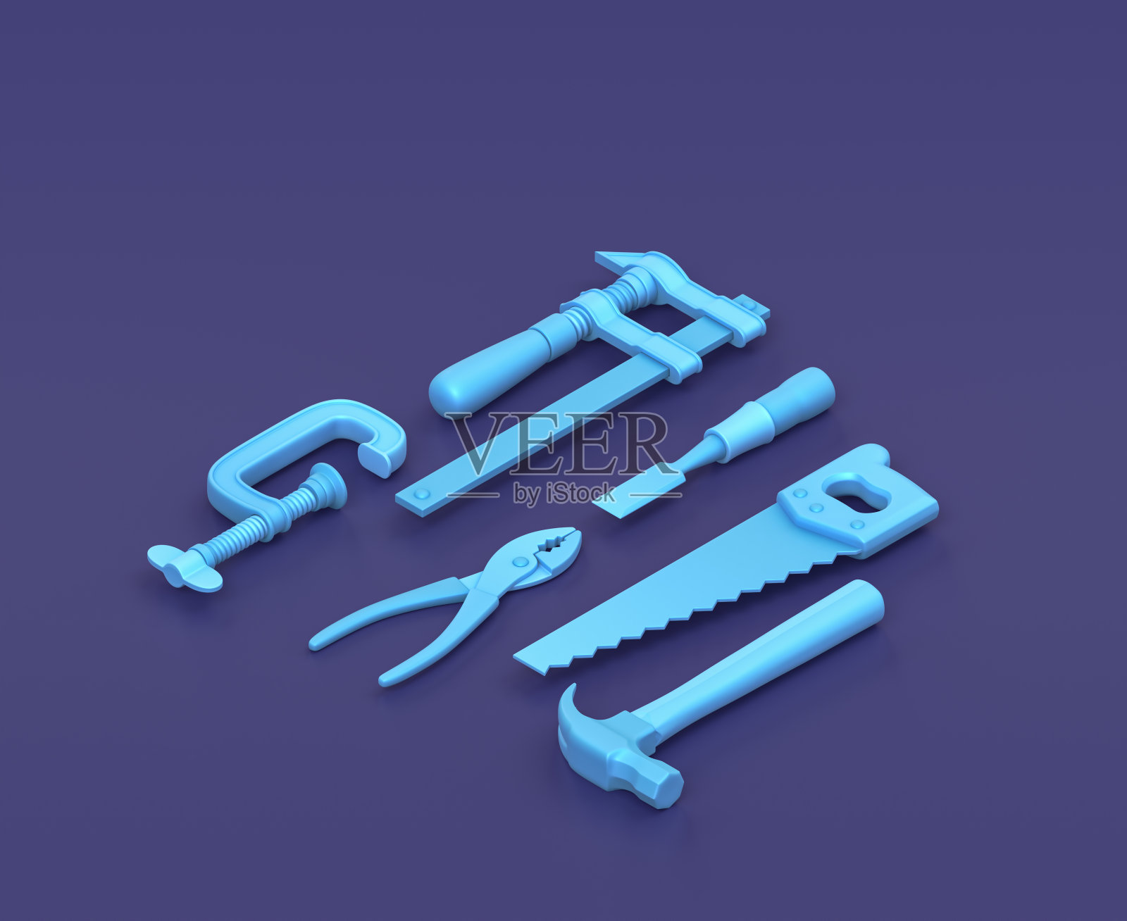 等距木工工具与锤子，锯，夹在蓝色背景，单色车间工具，3d渲染照片摄影图片