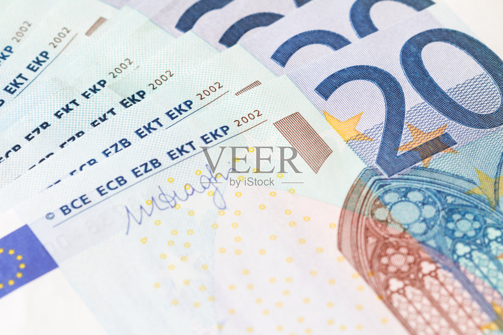 近距离拍摄20欧元钞票。有选择性的重点照片摄影图片