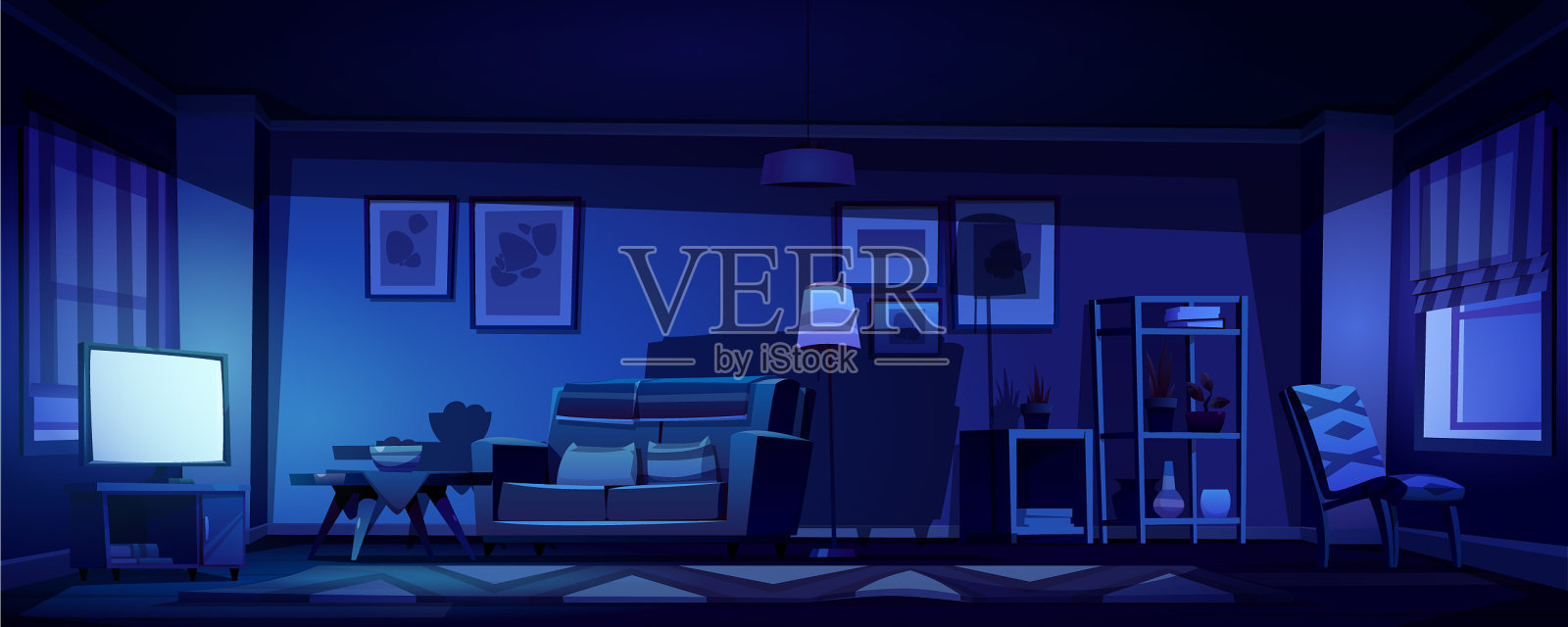 晚上有电视的室内客厅插画图片素材