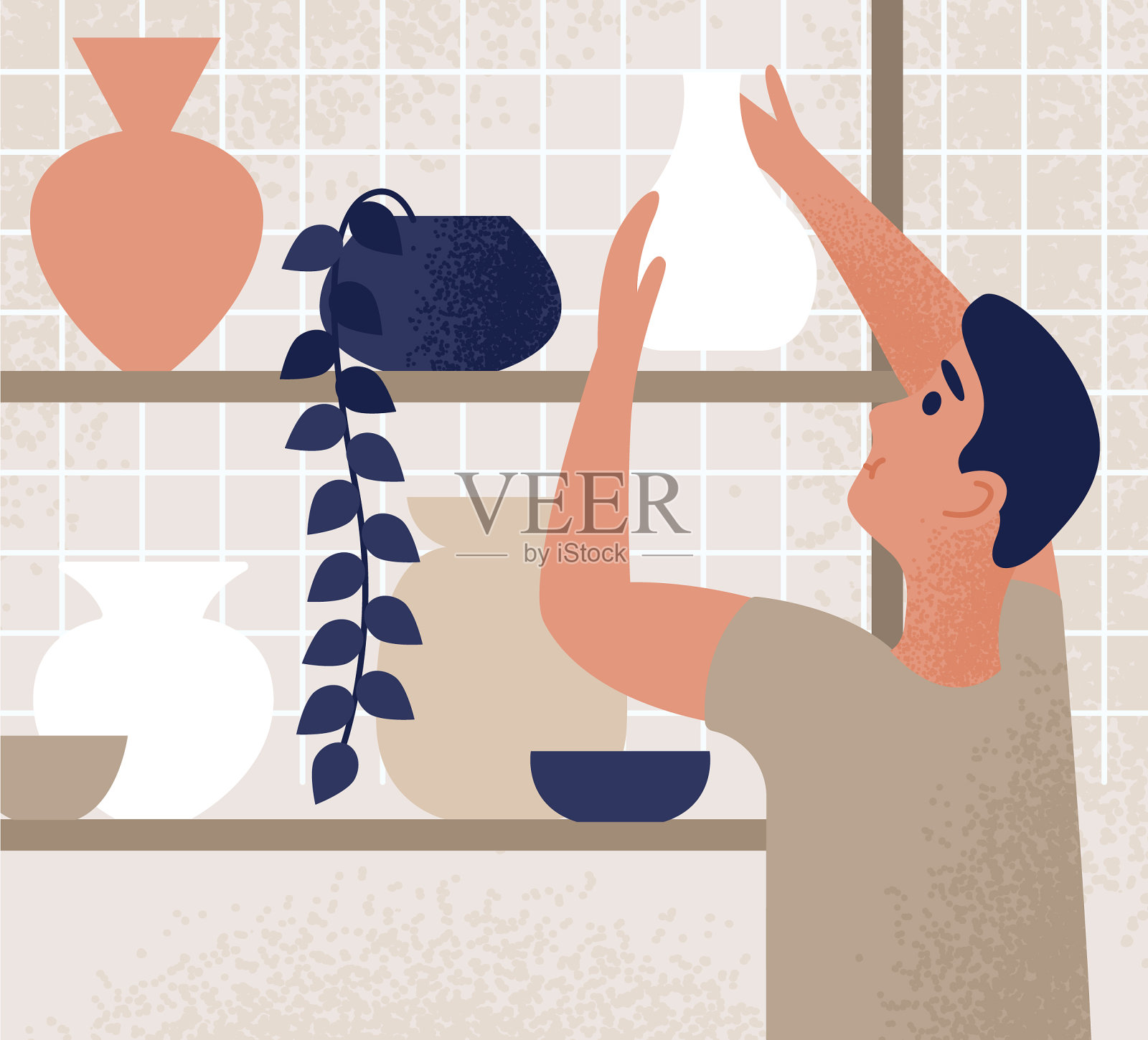 男性在陶瓷工作室工作，戴上陶器插画图片素材