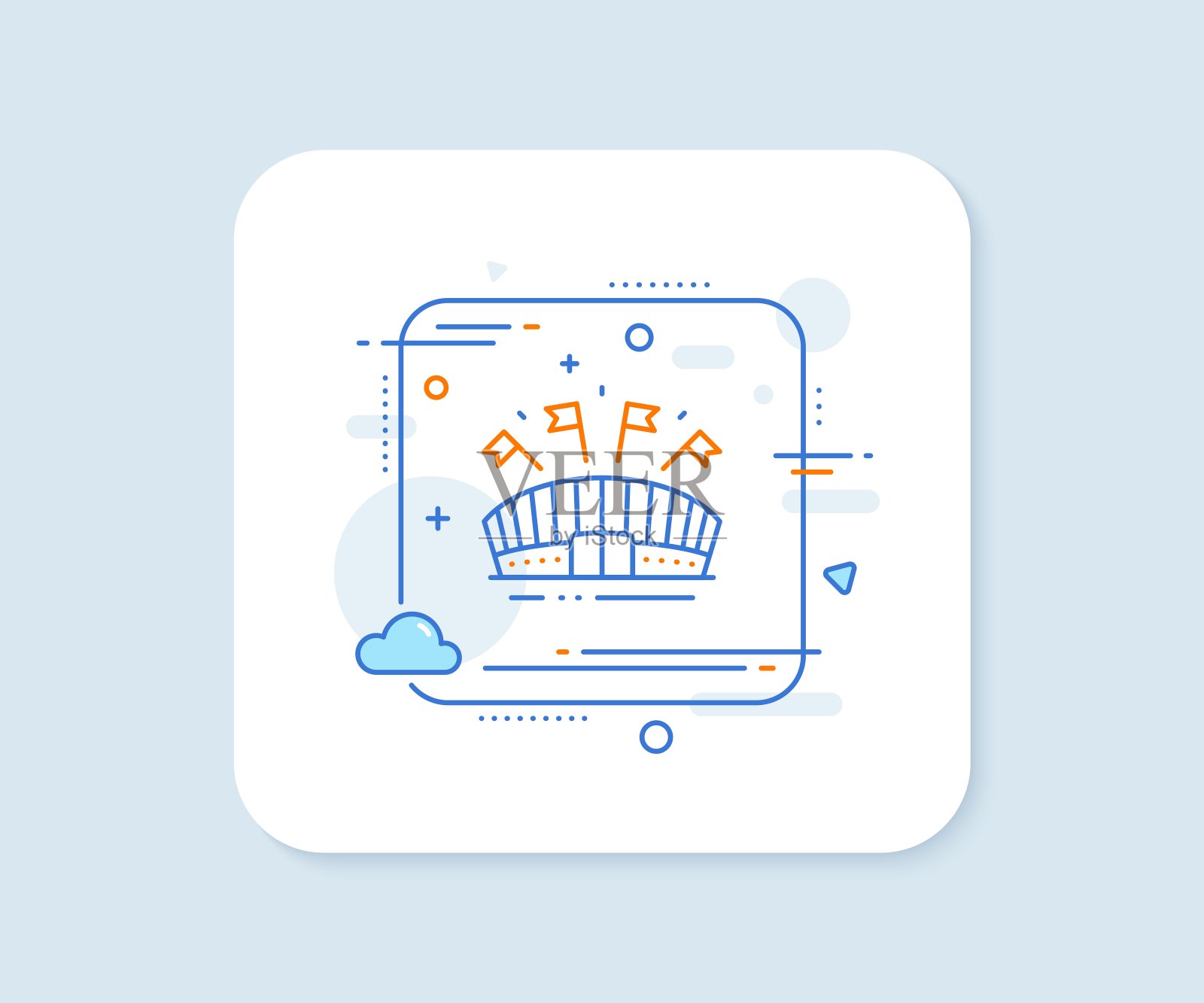 体育竞技场线图标。带有旗帜标志的体育场。运动复杂。向量图标素材