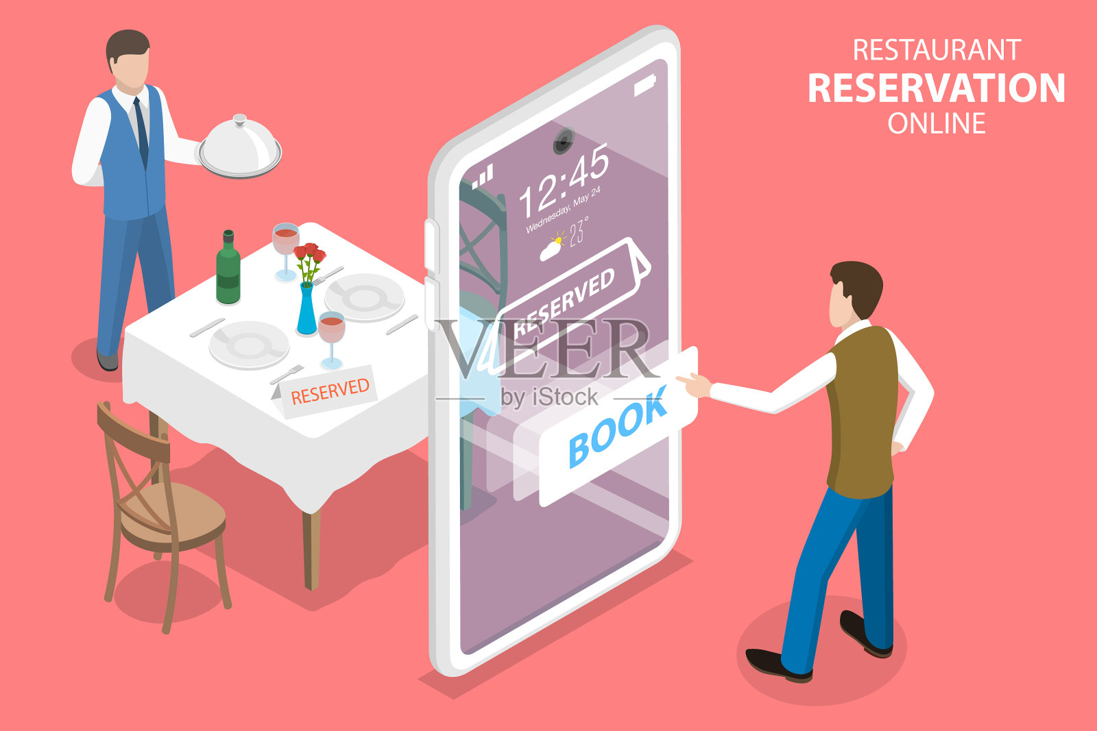 三维等距平面餐厅概念插画图片素材