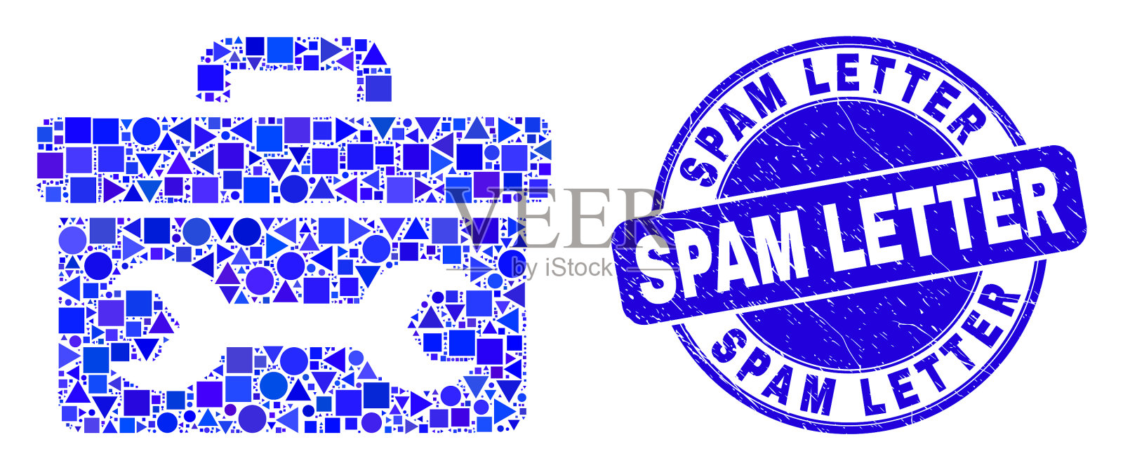 蓝色垃圾邮件信件邮票印章和扳手插画图片素材