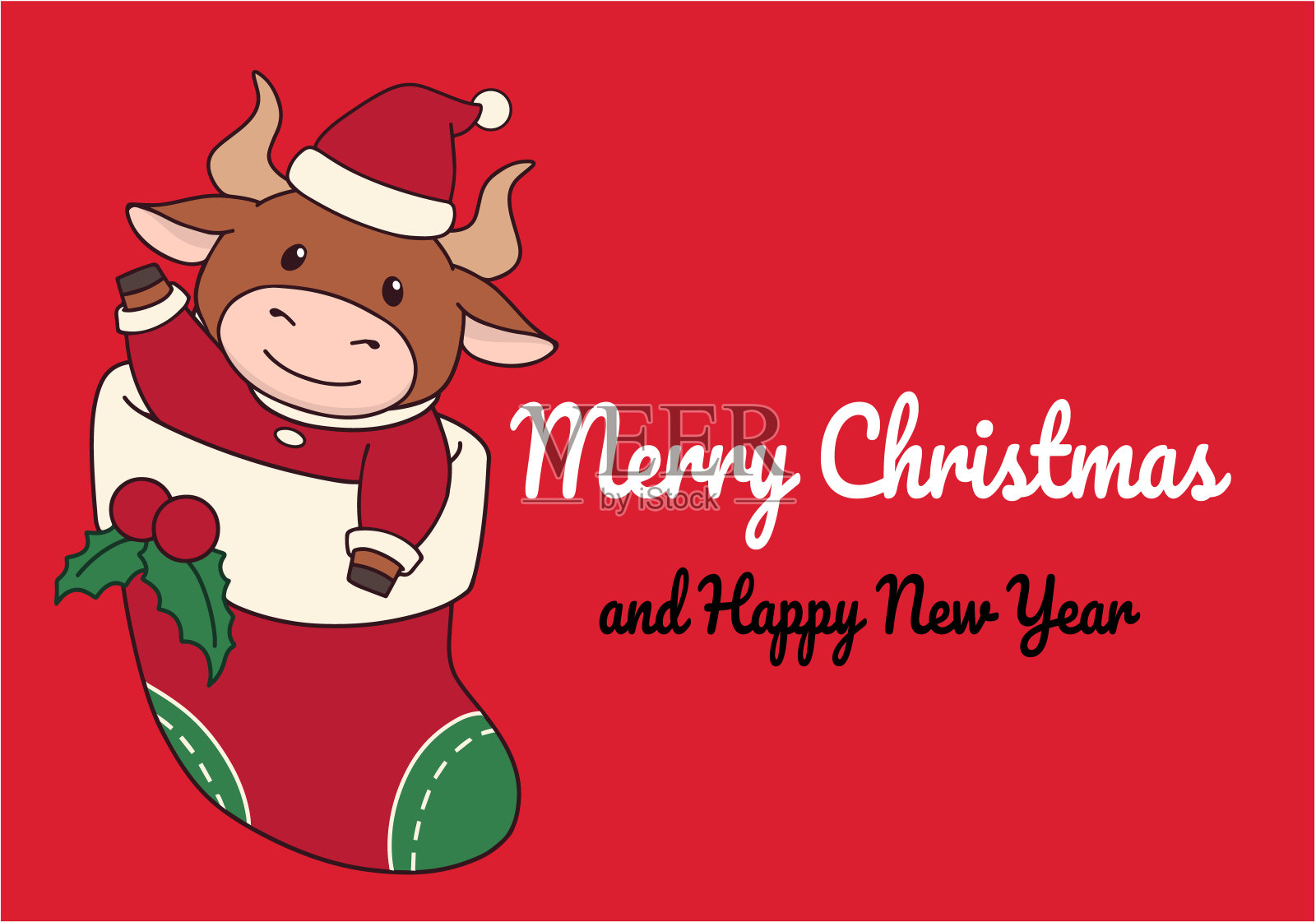 可爱的牛坐在袜子里。圣诞手绘矢量插图贺卡。插画图片素材