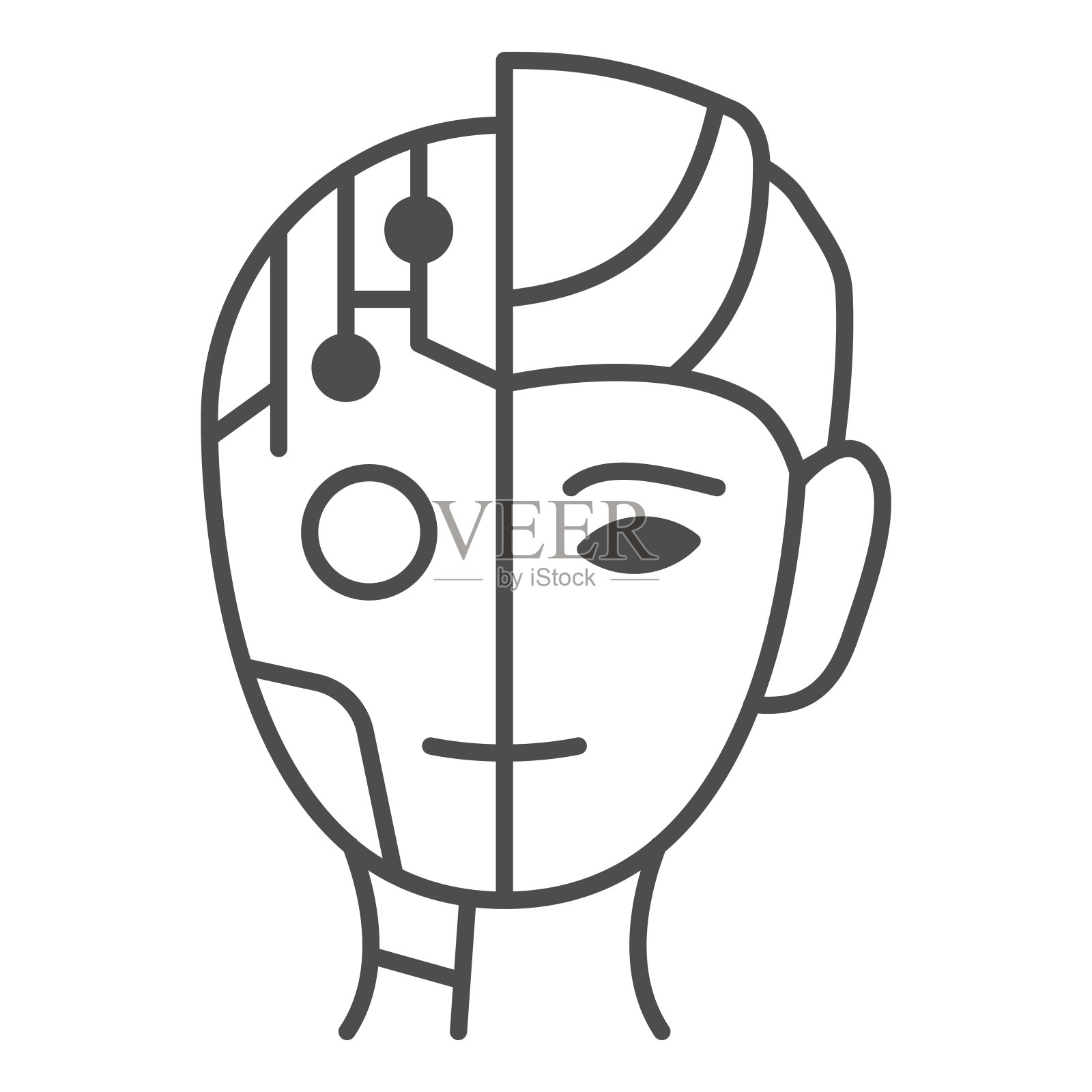 机器人男人细线图标，机器人概念，白色背景上的神经界面标志，移动概念和网页设计的轮廓风格数字仿生电子人脸图标。矢量图形。插画图片素材