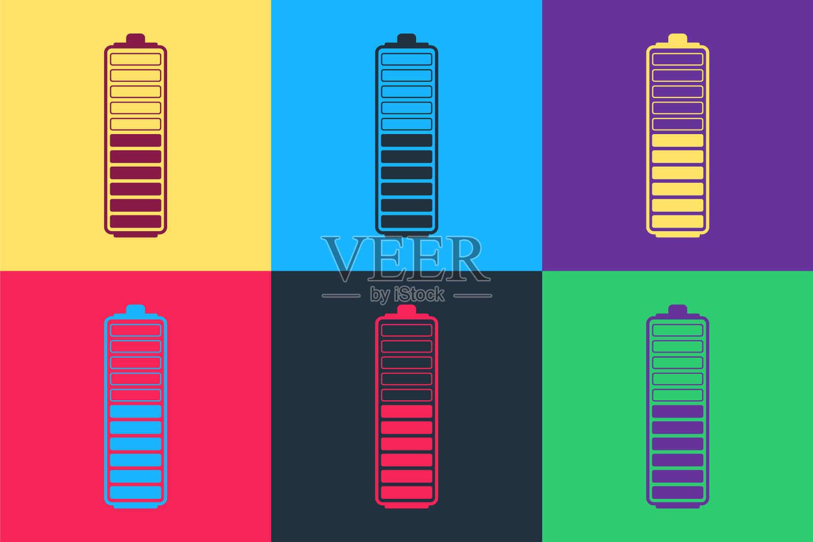 波普艺术电池充电水平指示器图标孤立的颜色背景。电池充电-电源标志。电力符号-能源符号。向量设计元素图片