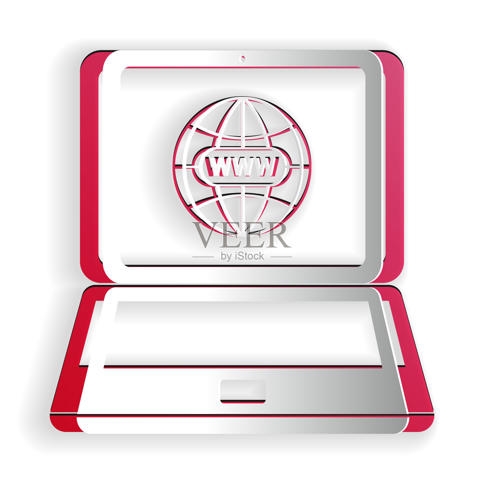 剪纸网站上的笔记本电脑屏幕图标孤立的白色背景。屏幕上笔记本电脑符号的地球仪。万维网符号。纸艺术风格。向量插画图片素材