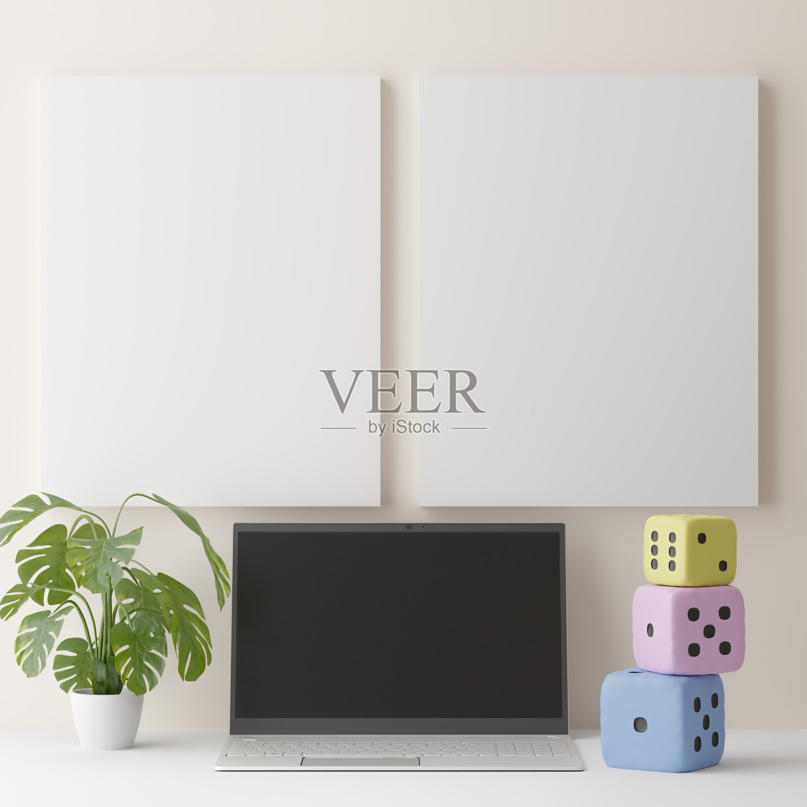 配备电脑模型的现代办公室。黑色的屏幕。三维演示照片摄影图片