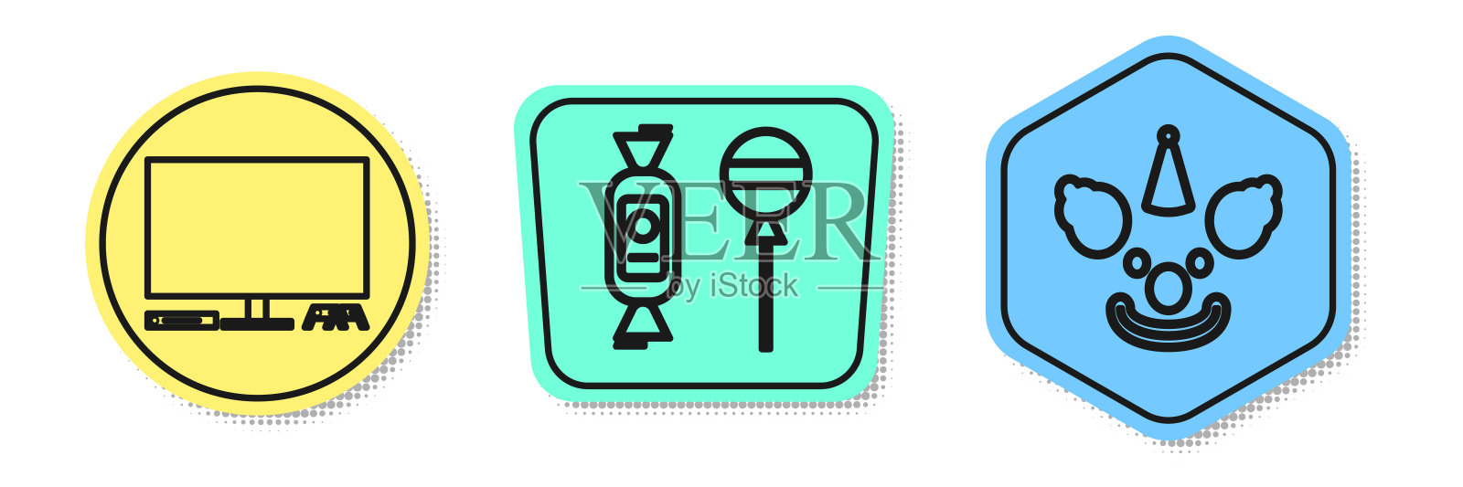 设置线视频游戏机，棒棒糖和小丑头。颜色的形状。向量插画图片素材