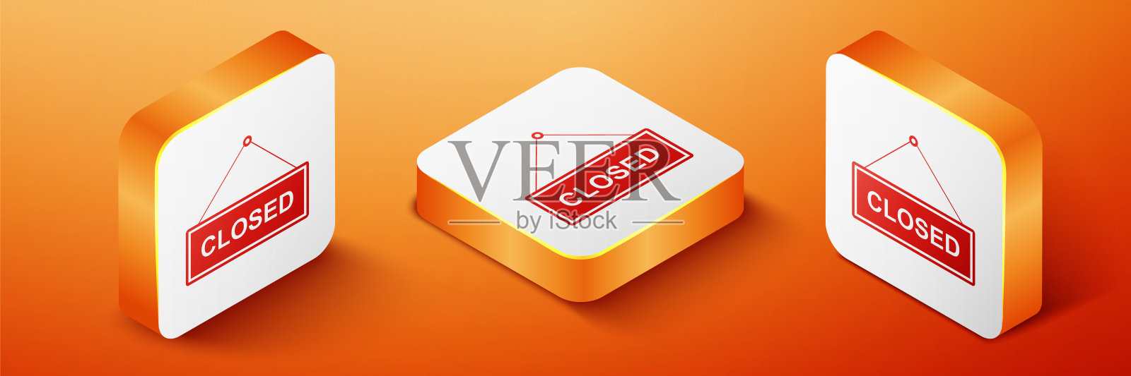 等距悬挂标志与文字关闭的门图标隔离在橙色背景。橙色平方按钮。向量图标素材