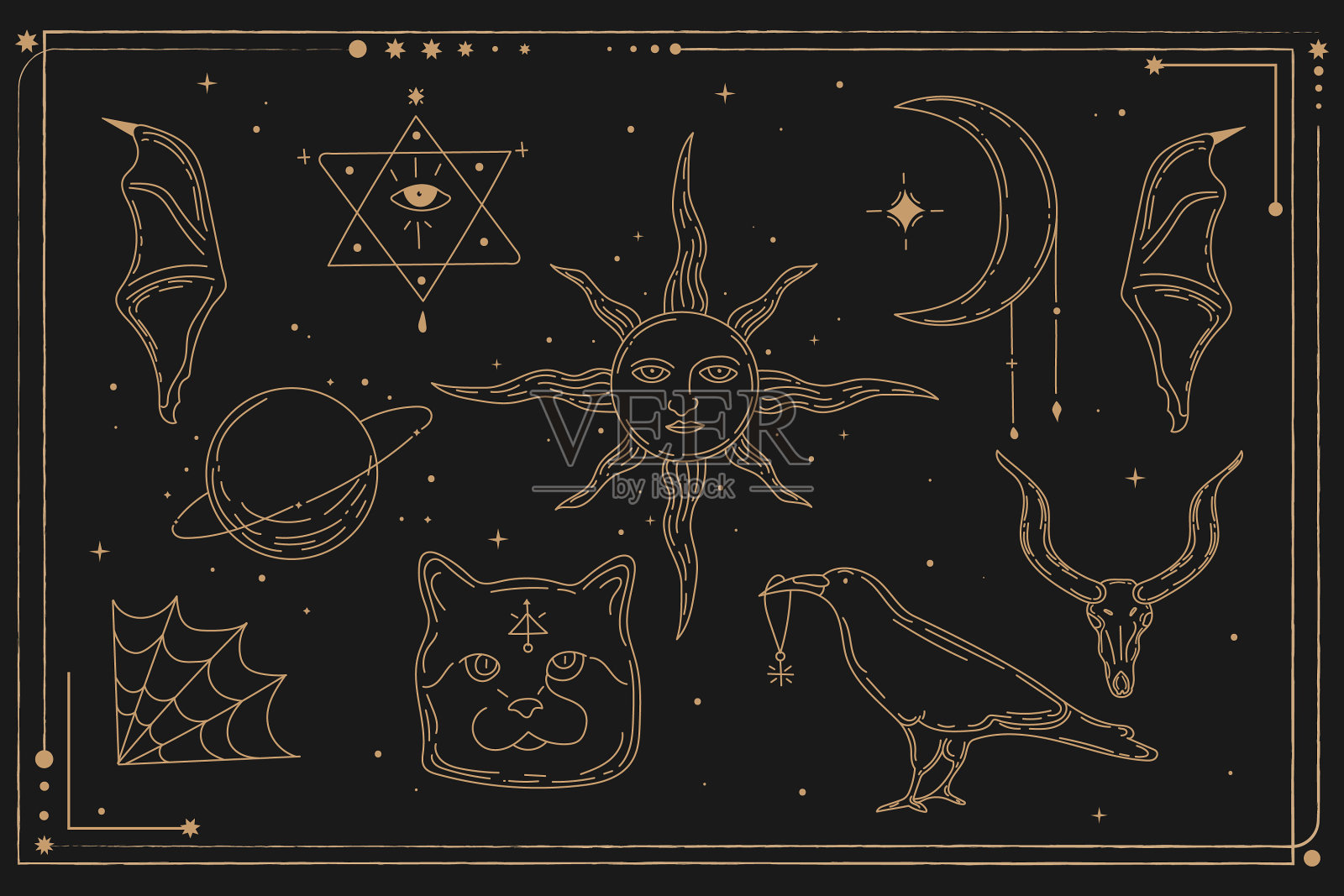 神秘主义。一组深奥的符号。太阳，乌鸦，猫，骷髅插画图片素材