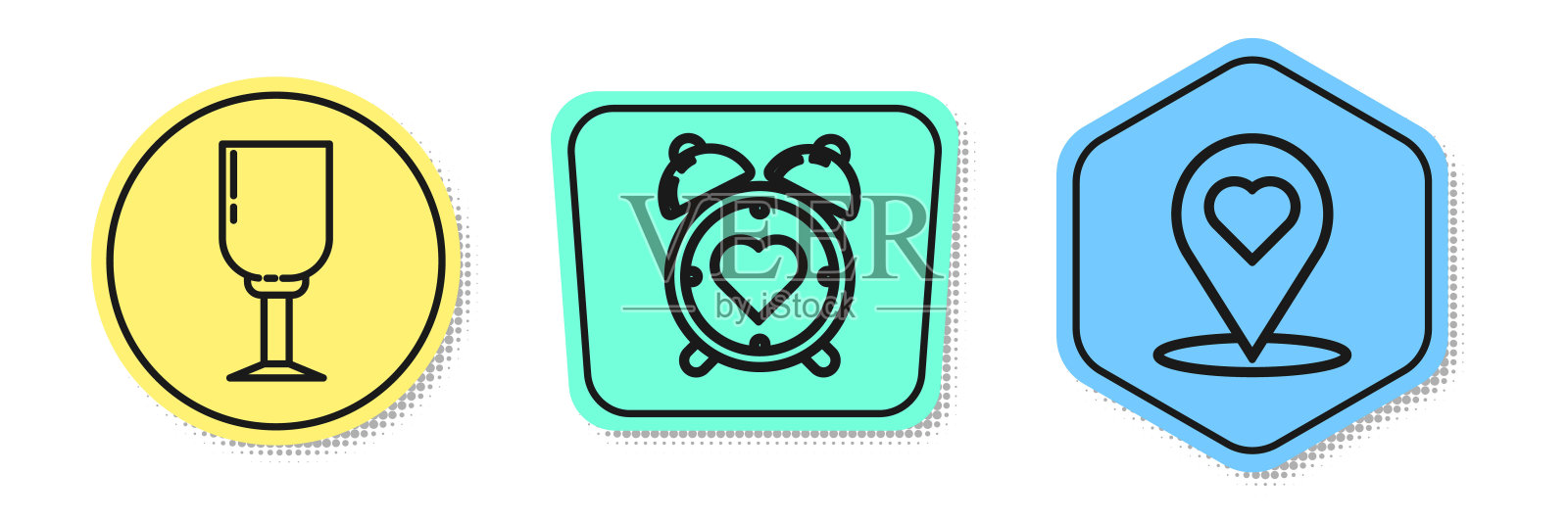 设线酒杯，心在中心闹钟和地图指针与心。颜色的形状。向量插画图片素材