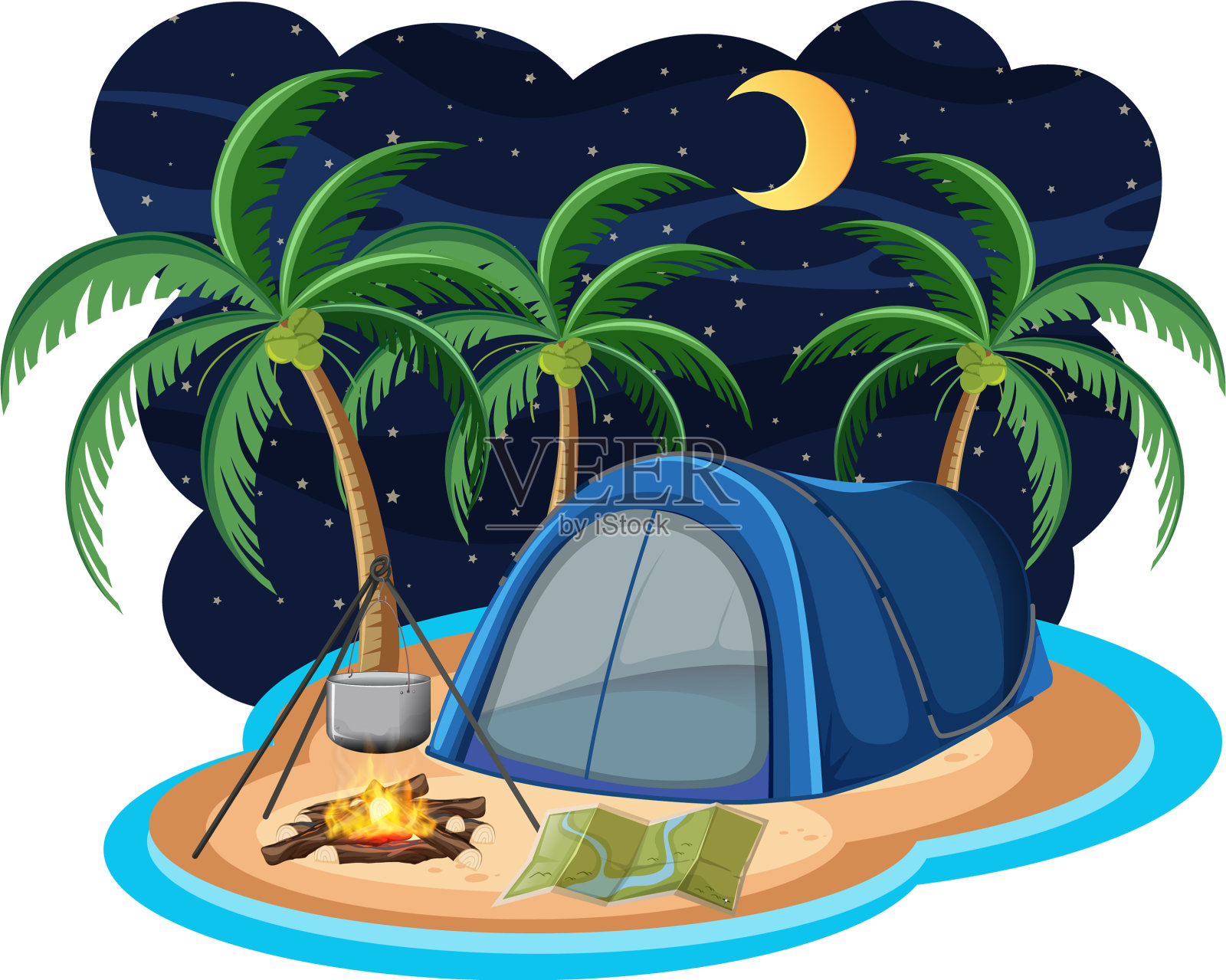 岛上蓝色帐篷的夜景设计元素图片