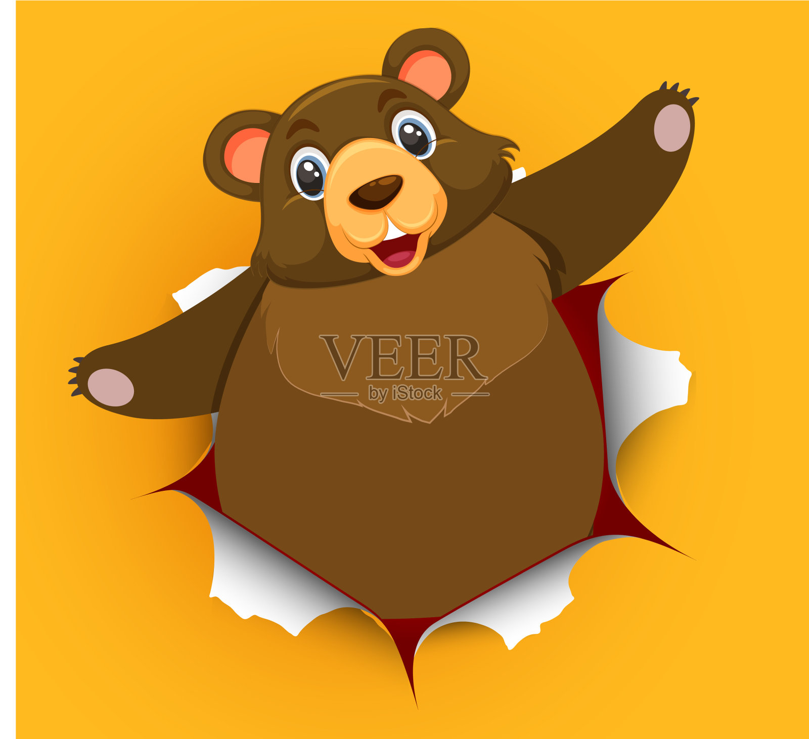 可爱的熊从裂墙里出来插画图片素材