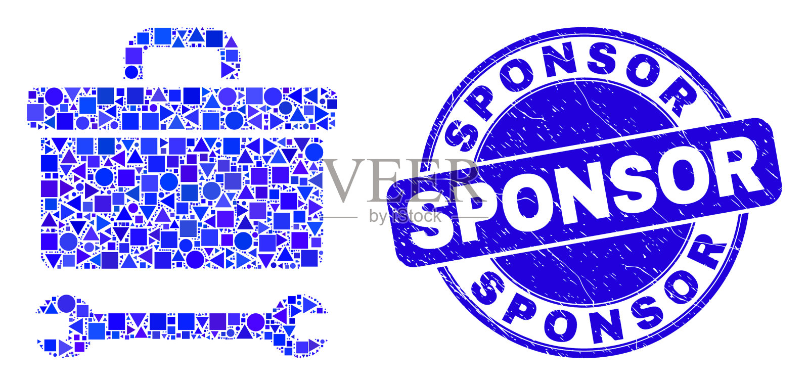 蓝色擦伤的赞助商印章和工具箱扳手插画图片素材