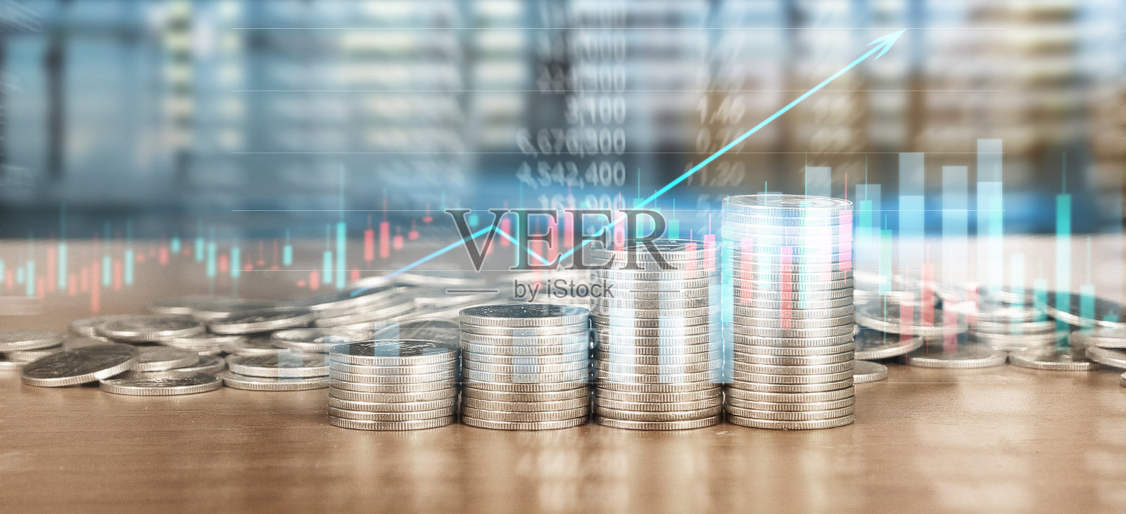 股票市场交易图烛台图适用于金融投资概念和硬币照片摄影图片