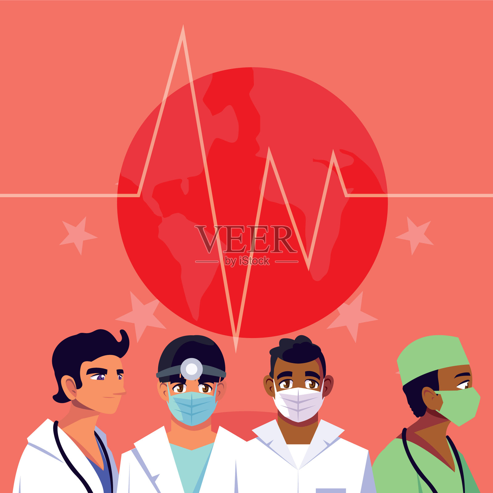 男医生带着口罩在前面脉搏和星星插画图片素材