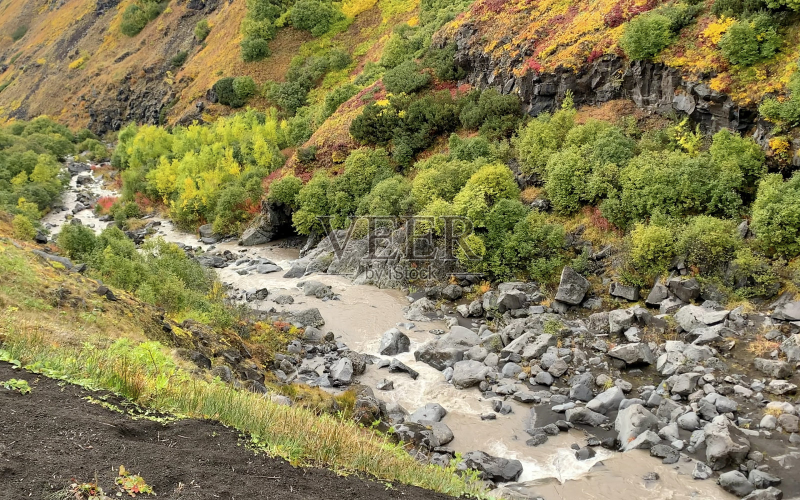 美丽的自然溪流与山水。水倒在石头上。照片摄影图片
