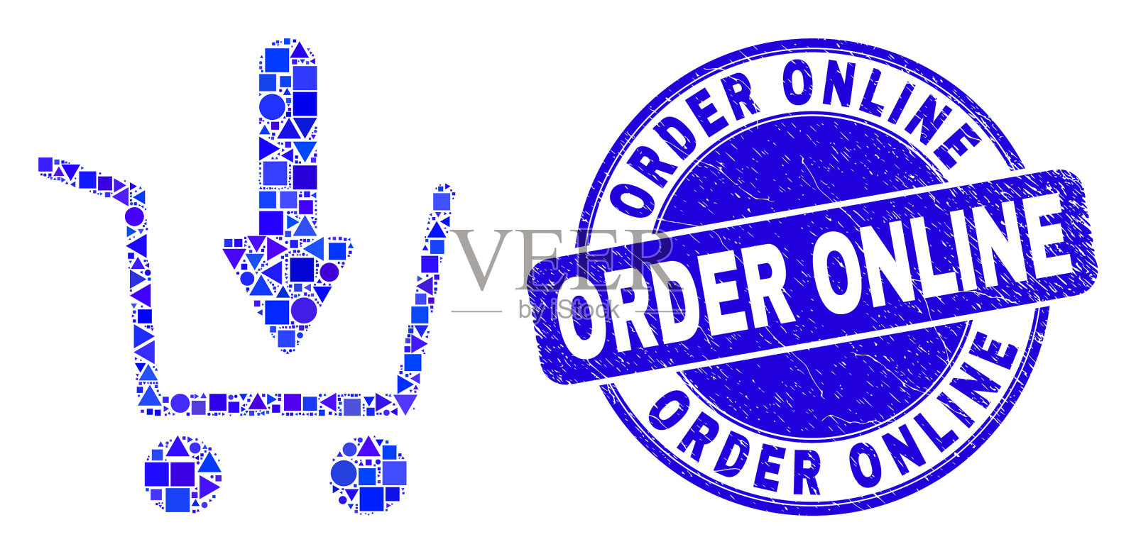 蓝色苦恼订购网上邮票，并把购物插画图片素材