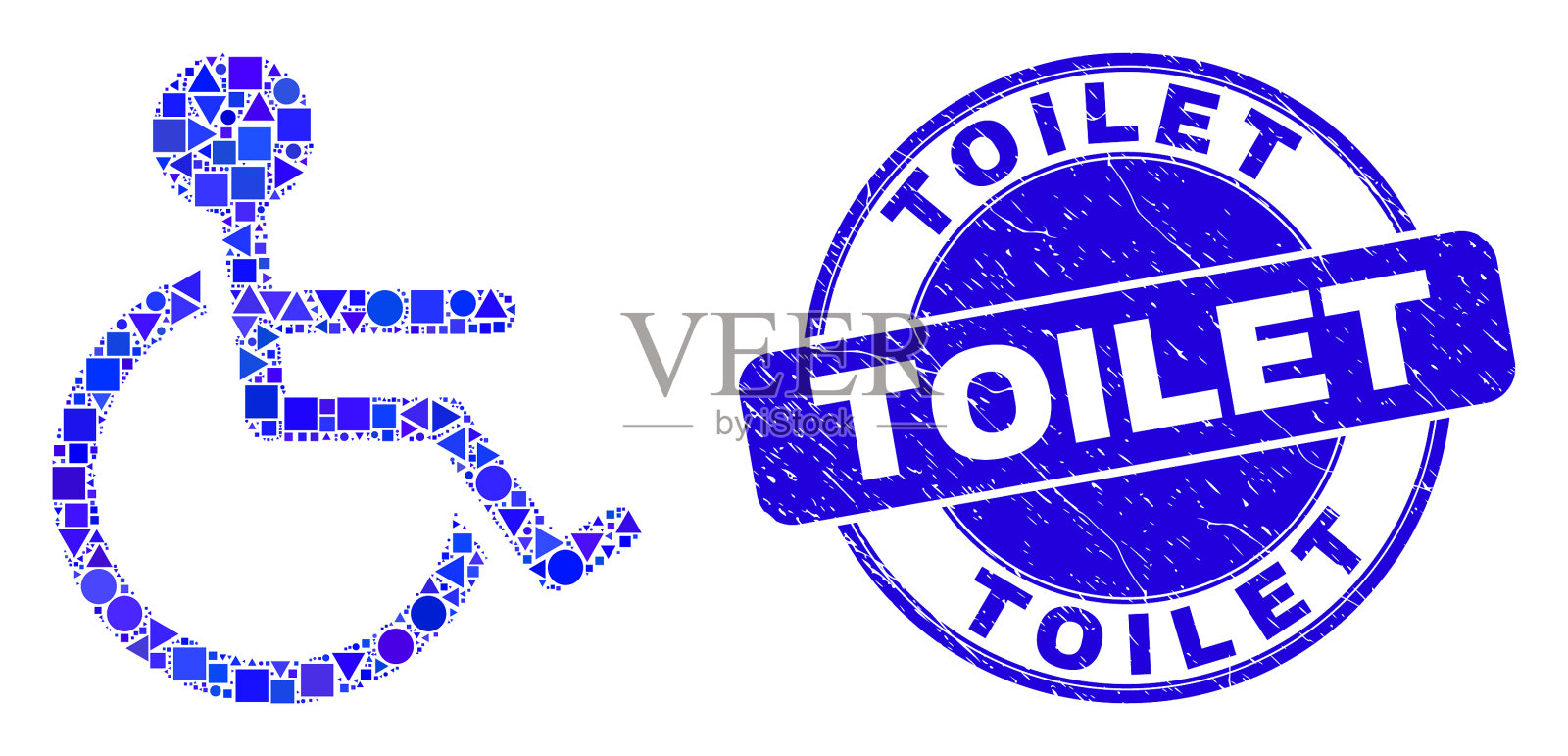 蓝色的苦恼厕所印章印章和轮椅插画图片素材