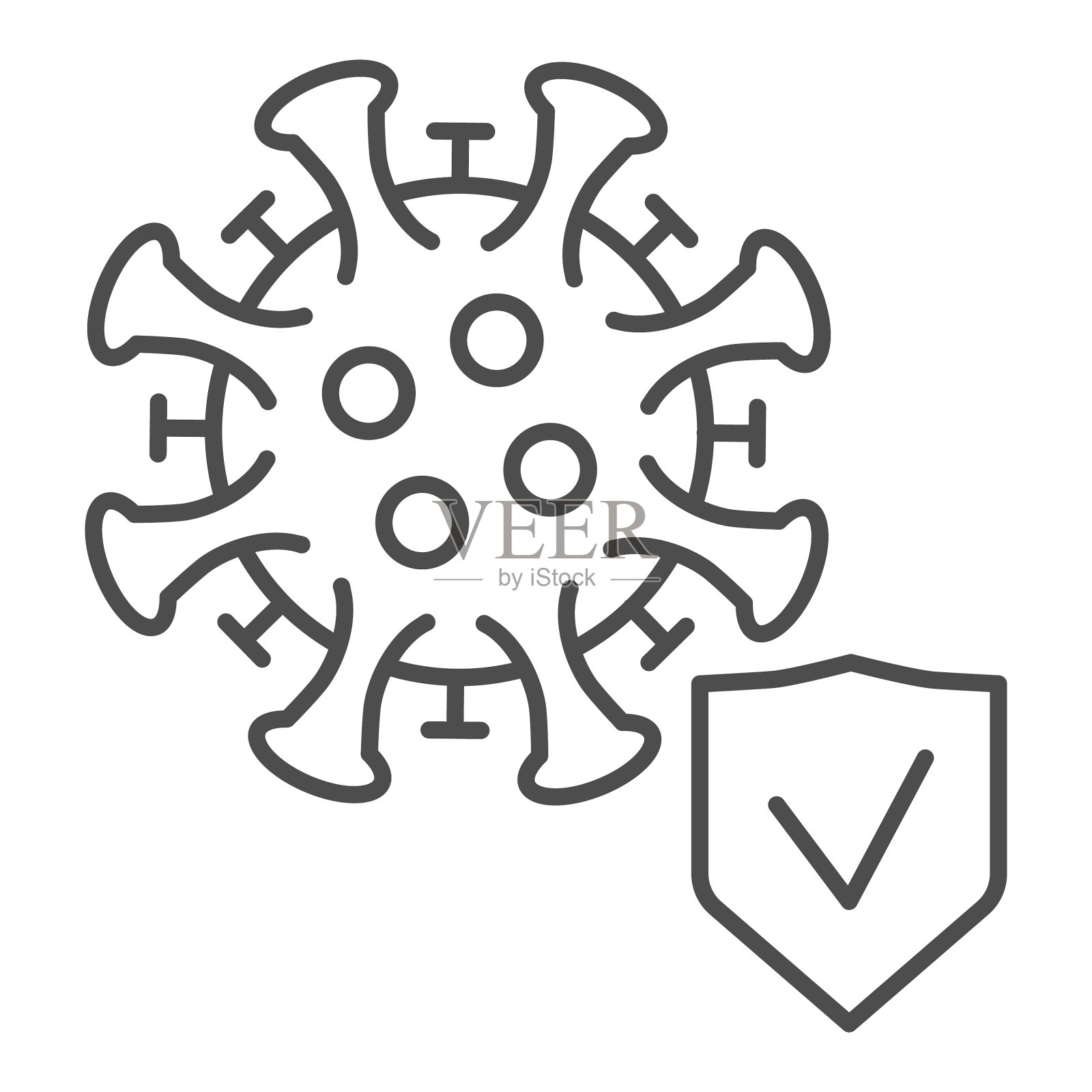 病毒细胞带有检查标记细线图标冠状病毒插画图片素材