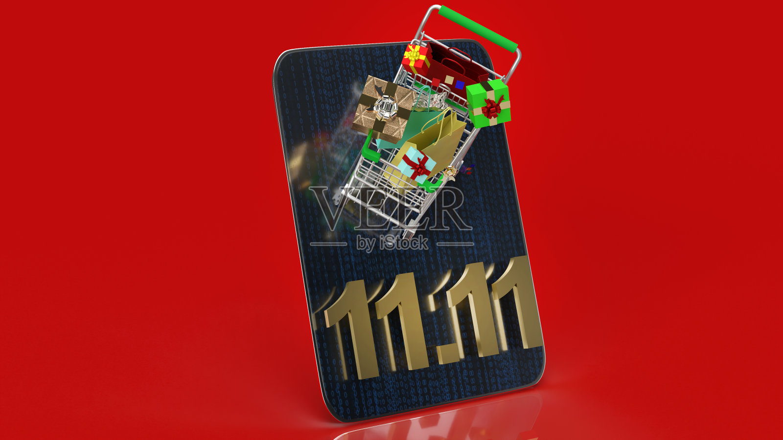 购物车在平板电脑和黄金文本11.11购物内容3d渲染。照片摄影图片