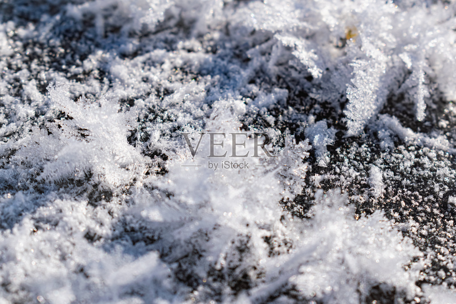 雪白的背景与霜晶体和卷曲的雪花特写。冬天是一个寒冷的季节照片摄影图片