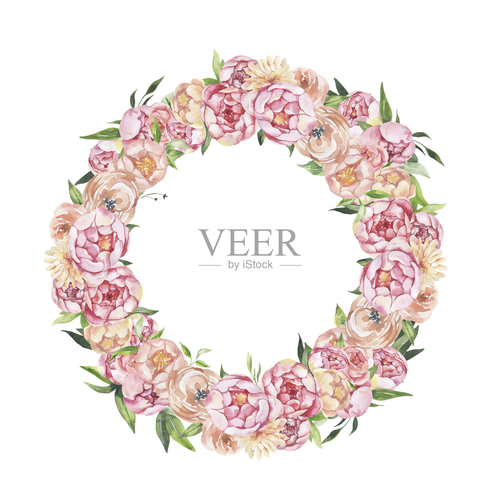 水彩花卉插图-树叶和树枝框架与花和叶子为婚礼文具，问候，壁纸，背景。玫瑰,牡丹绿叶插画图片素材