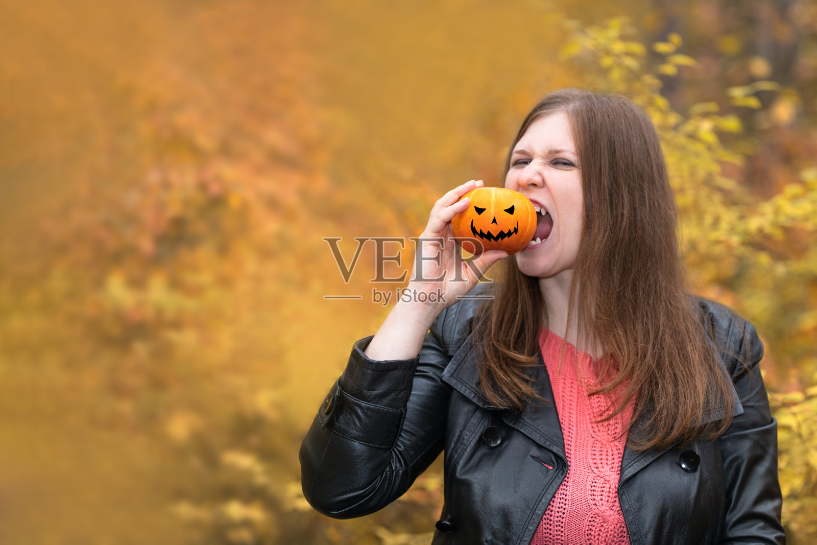 在秋天的森林背景上，一个美丽的女孩咬着一个南瓜。一个穿着黑色皮夹克和粉色夹克的南瓜女人。万圣节。照片摄影图片