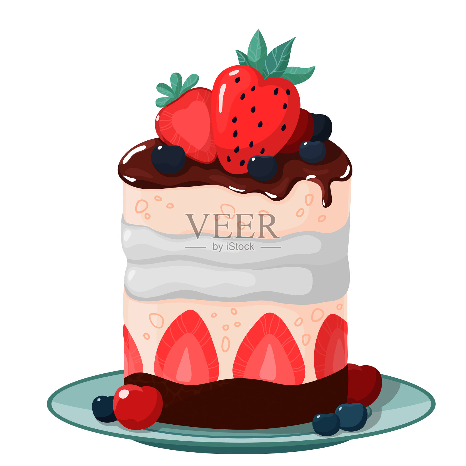 碟子上放着一份带有鲜嫩蛋白酥皮的甜点。装饰有草莓、蓝莓和巧克力的一块蛋糕。设计元素图片