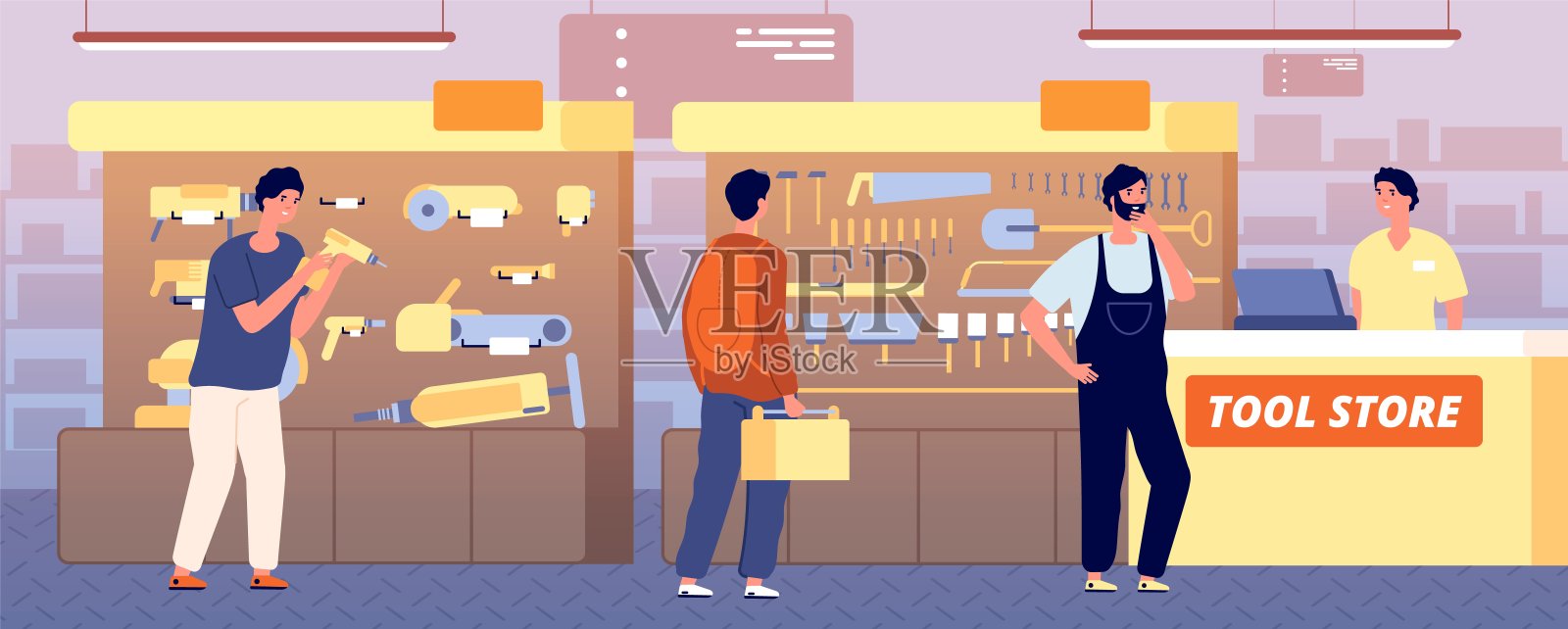 工具店。工作工具、五金施工维修工具。推销员和客户，修理工建造者和工人矢量插图插画图片素材