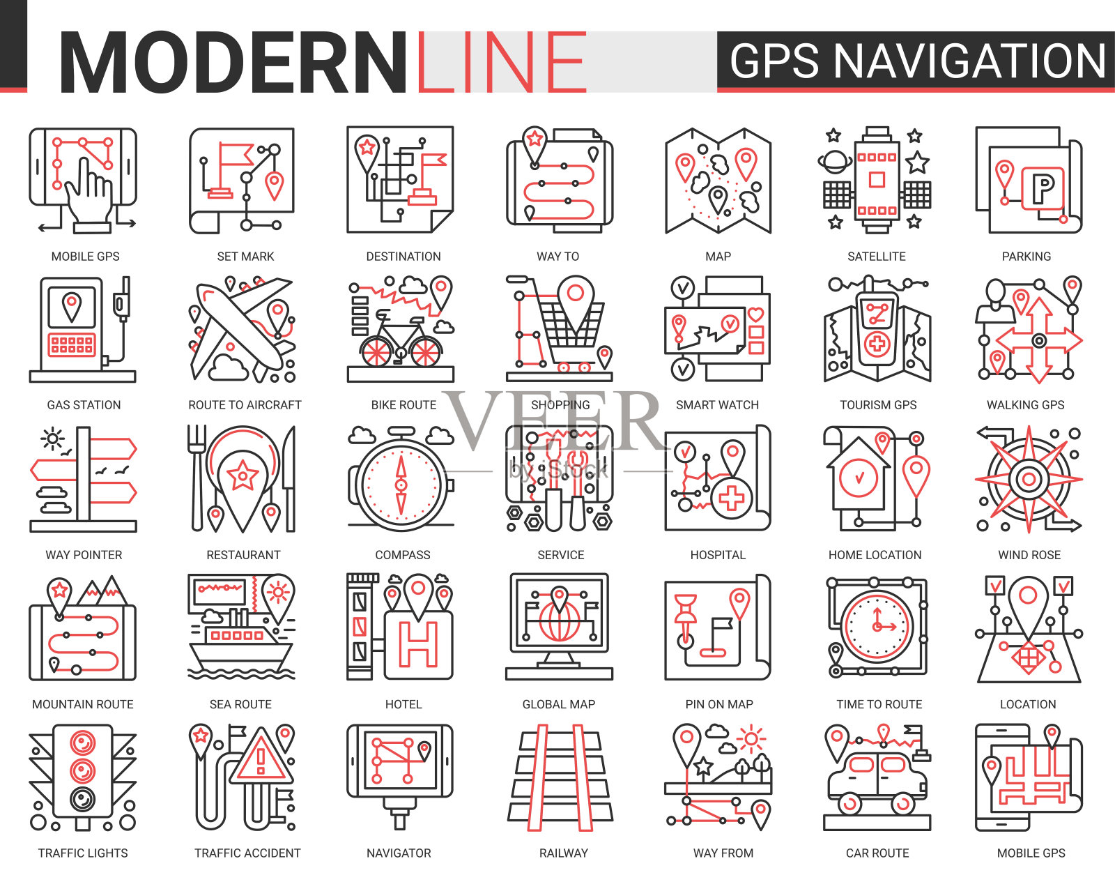 Gps导航服务平面线图标矢量插图旅行符号的集合为移动导航员，地图地理位置的家或旅行目的地插画图片素材