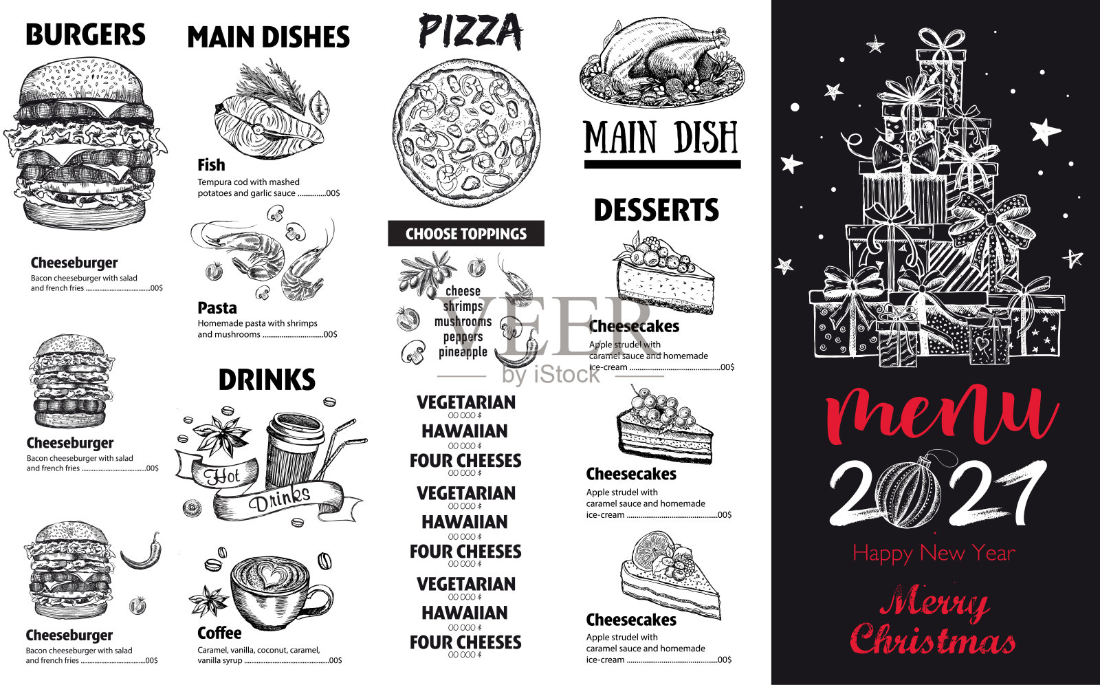 圣诞菜单。手绘插图。示意图说明。向量。插画图片素材