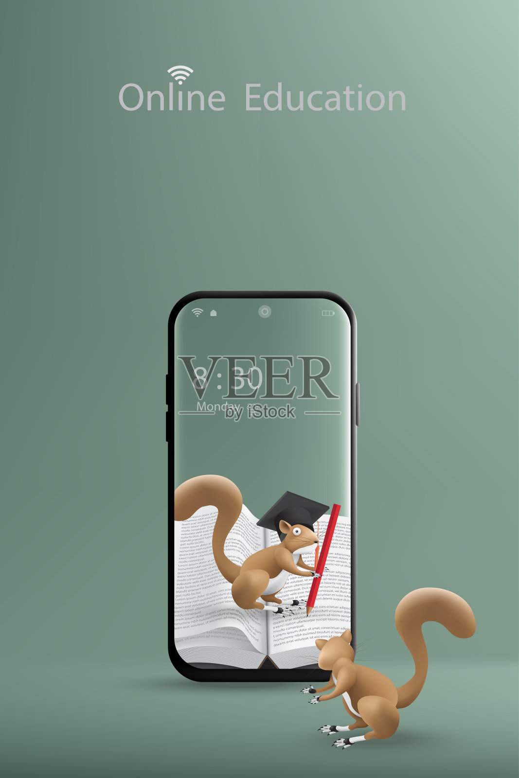 在线教育以学习为理念提供手机、松鼠卡通人物。插画图片素材