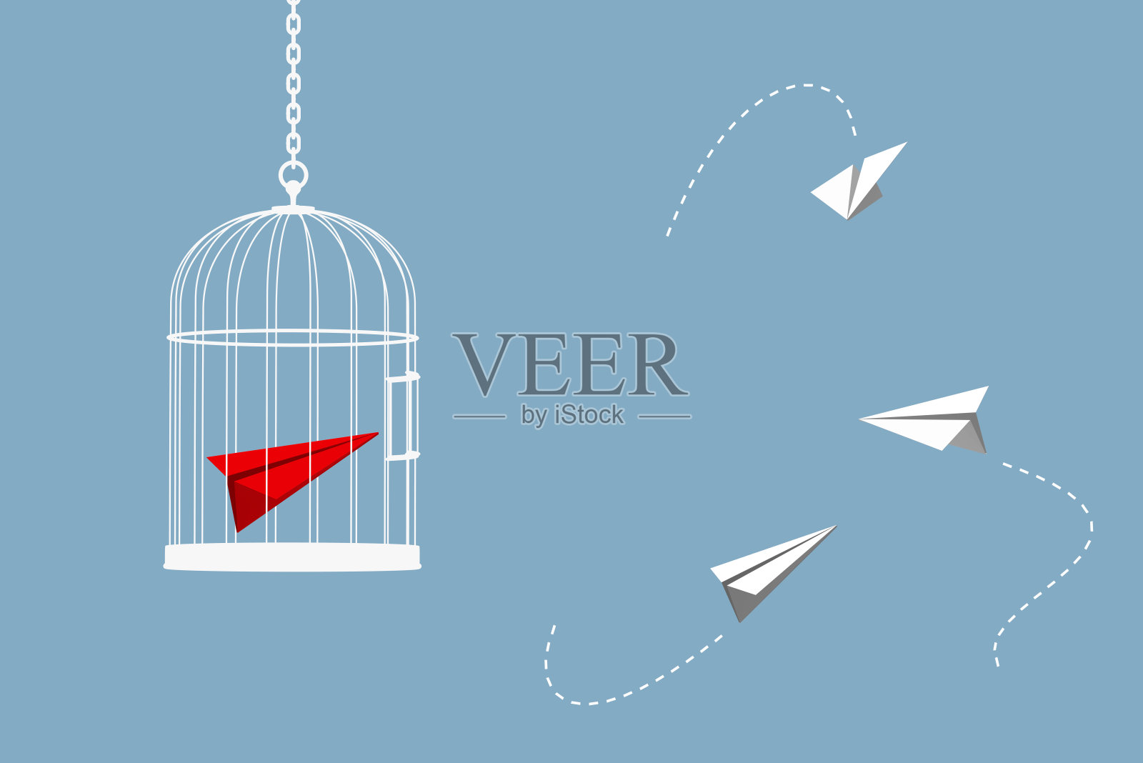 红色的飞机飞出笼子飞向天空。自由和向上的理念，实现目标或事业成功。三维演示照片摄影图片