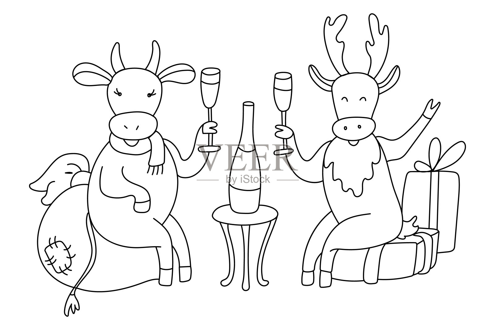 海报上有欢快的公牛和鹿喝香槟的涂鸦。插画图片素材