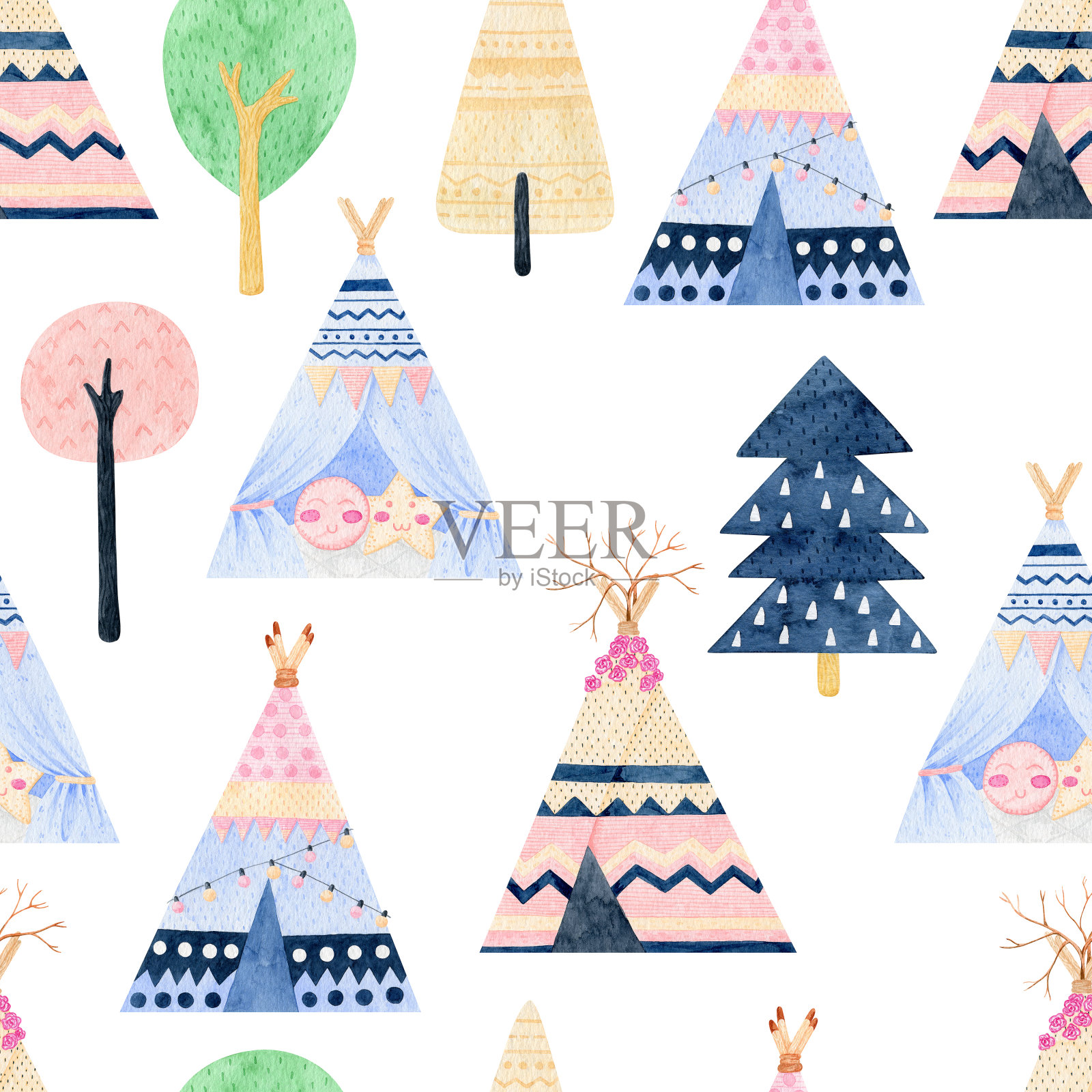水彩圆锥形无缝图案。棚屋美国土著夏季帐篷插图。波西米亚风格的图案与民族的帐篷或棚屋，时尚的手绘插图。美洲土著的装饰背景。插画图片素材
