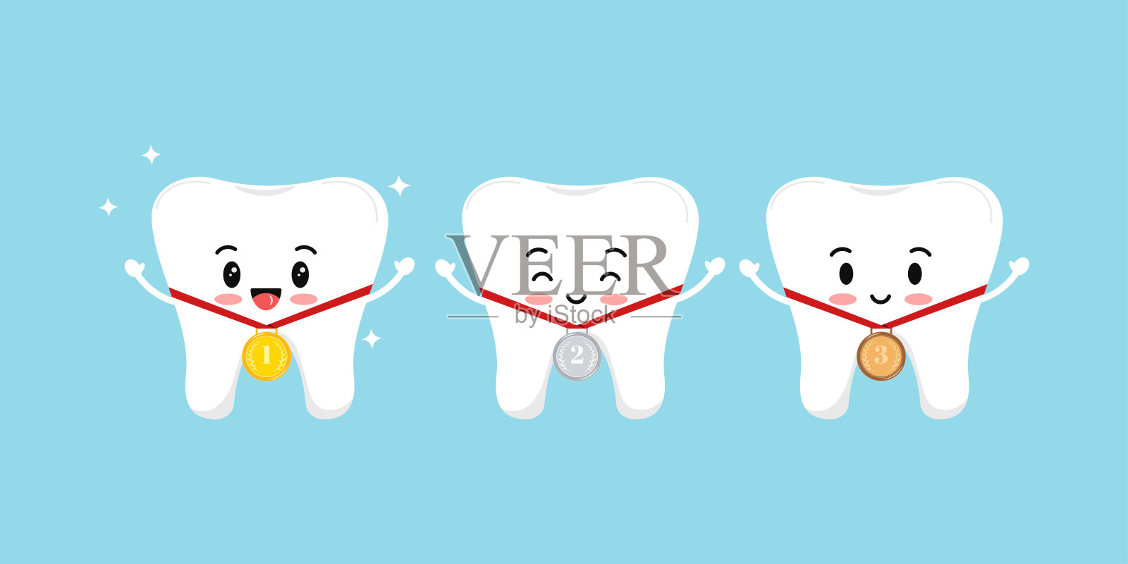 牙齿和奖章的金，银，青铜与月桂枝和红色丝带孤立的背景。插画图片素材