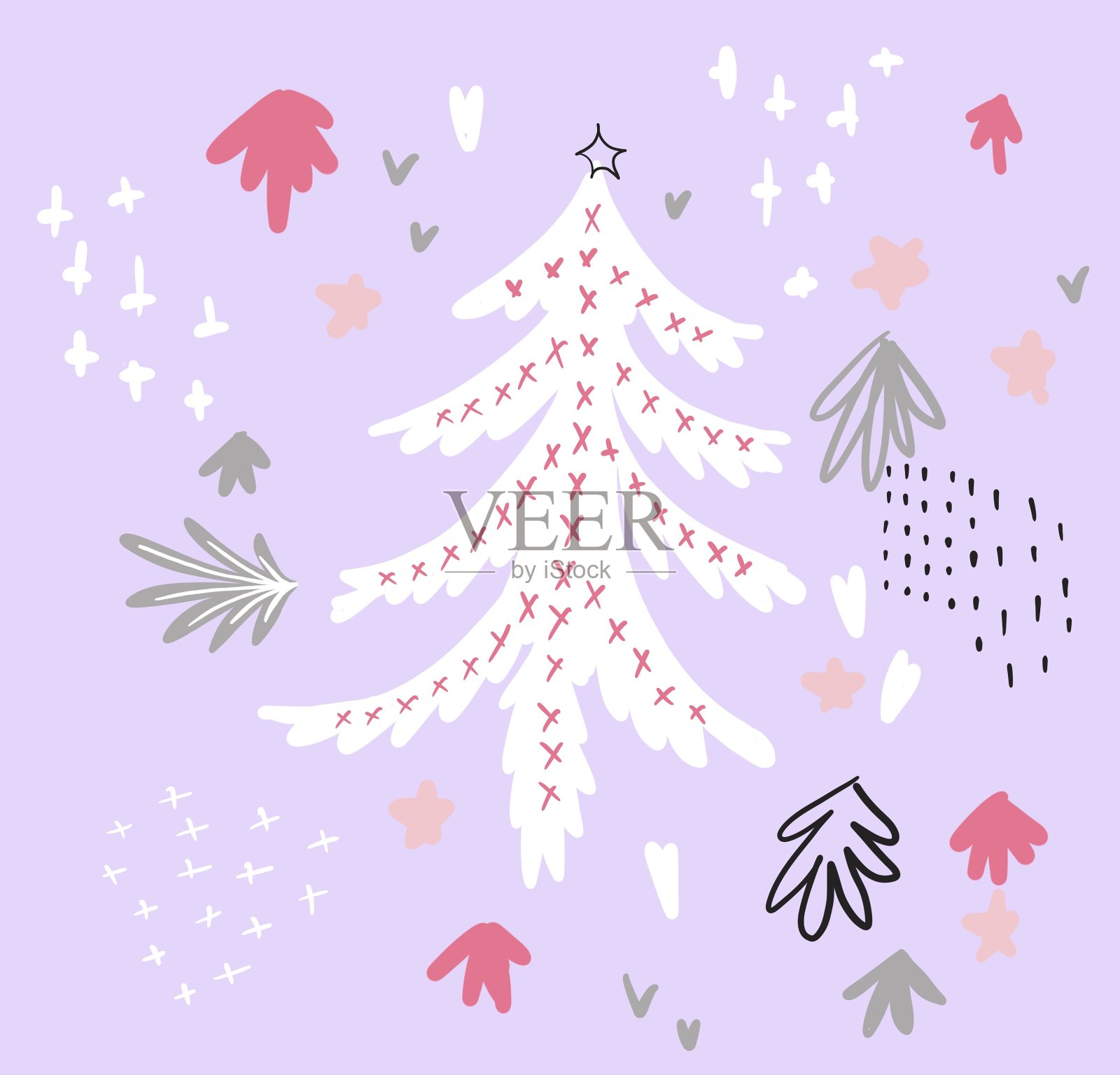 抽象亚克力颜色无限图案:圣诞树在灰色，粉色，白色，黄色和橙色。在明亮的紫色背景上。插画图片素材