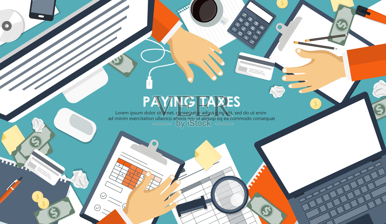 纳税。政府，州税。数据分析，文书工作，财务研究，报告。商人计算纳税申报表。平面设计。税收表格向量。偿还债务。插画图片素材