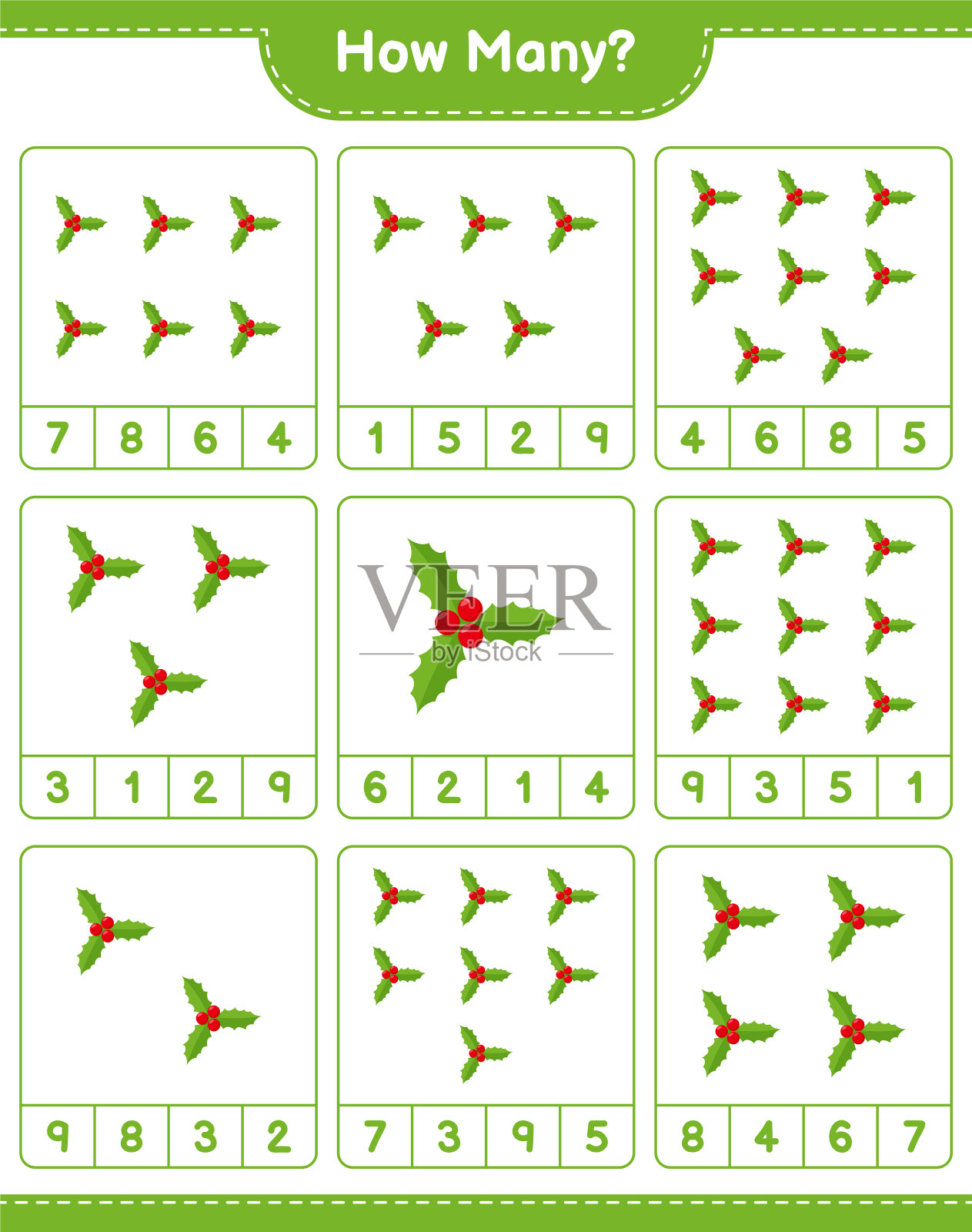 数游戏，有多少冬青浆果。教育儿童游戏，可打印的工作表，矢量插图插画图片素材