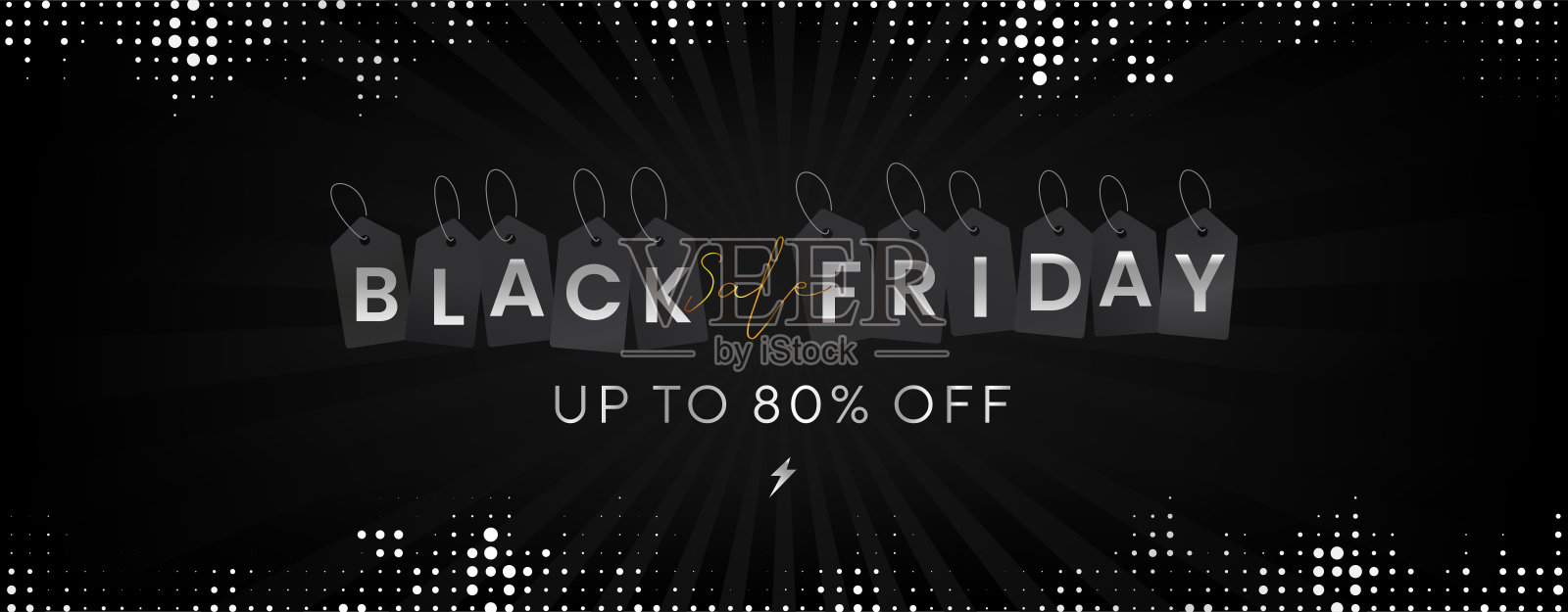 豪华黑色星期五促销概念使用价格标签，节省高达80%的折扣(可替换为任何价值)闪购在黑色背景与银色/铂金豪华半色调点。设计元素图片