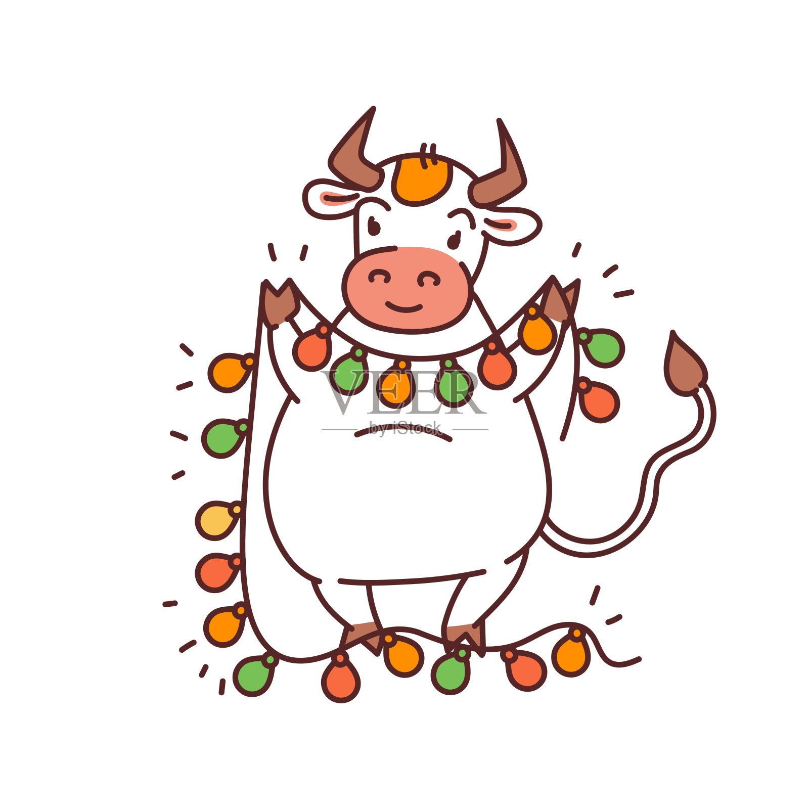 白色金属牛与花环灯笼-中国新年的象征或标志的儿童贴纸插画图片素材