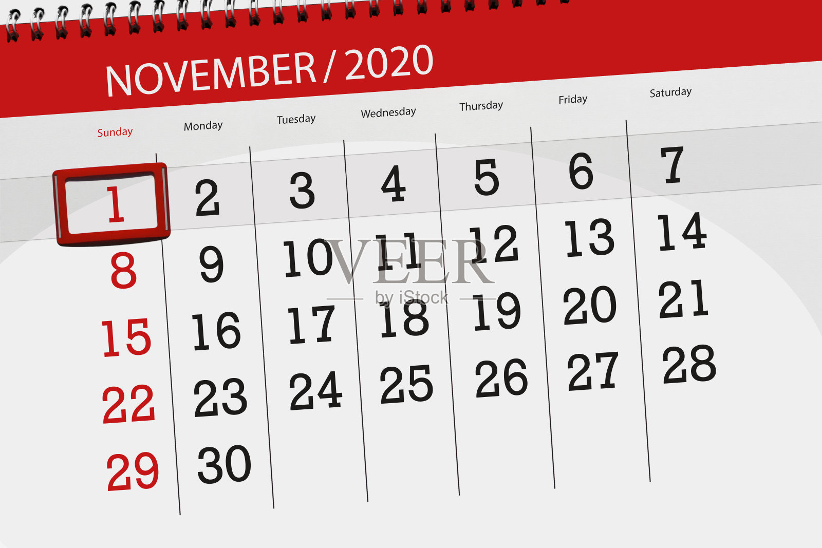 2020年11月的日历计划，截止日期，1日，周日设计模板素材