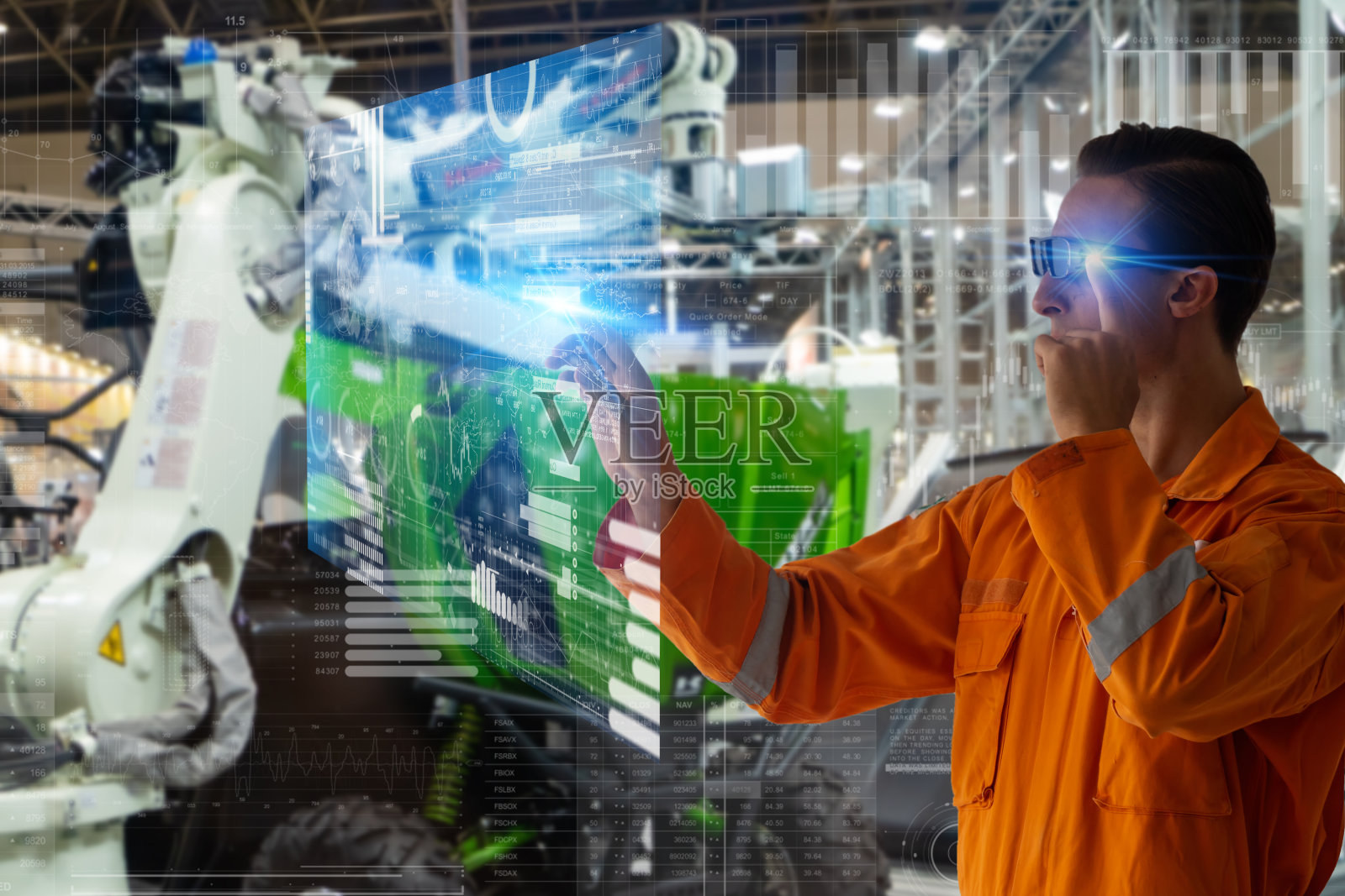 智能工厂使用未来技术，结合大数据、物联网、5g、机器深度学习、自动化机器人、增强混合虚拟现实、数字孪生、人工智能照片摄影图片