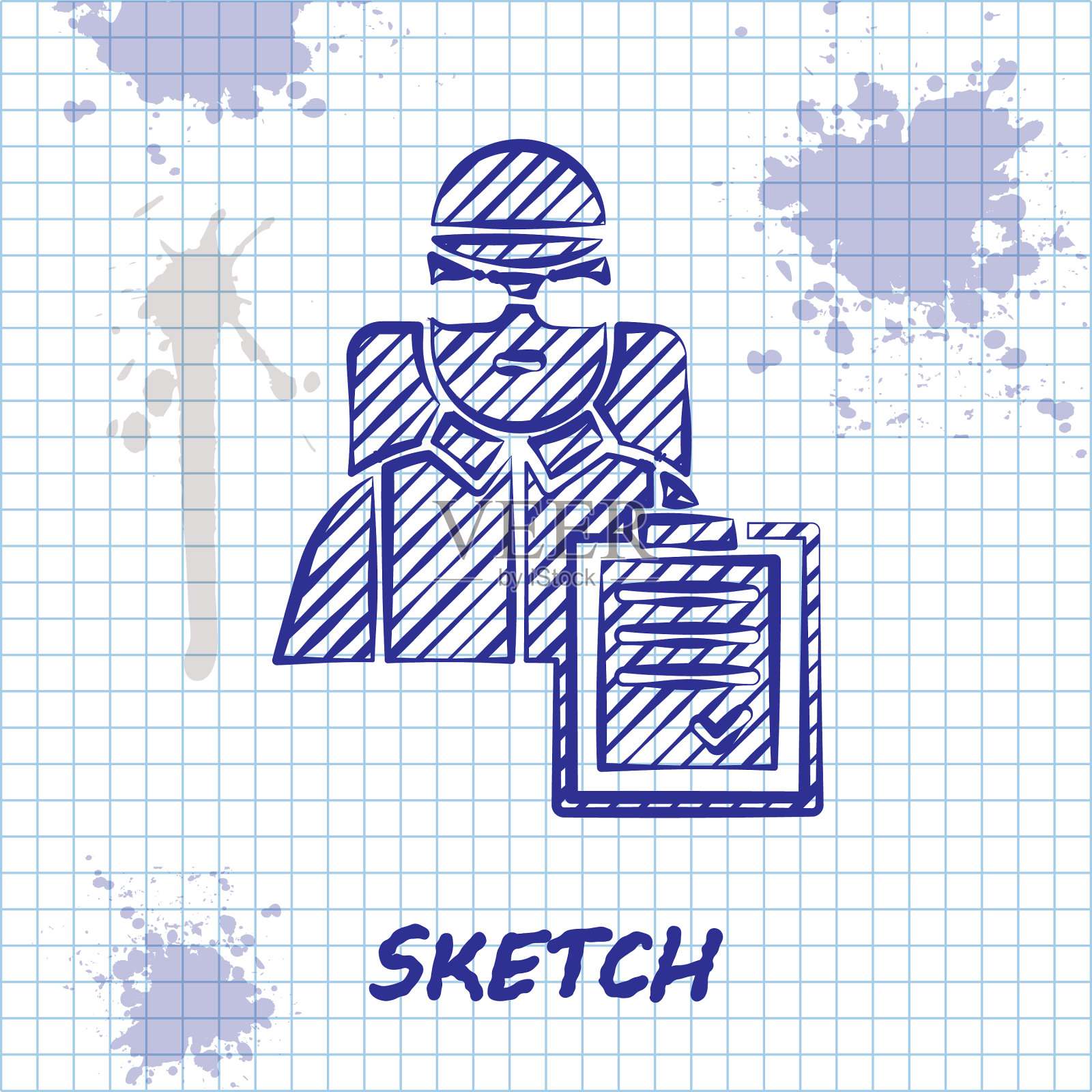 素描线送货员与纸板箱图标插画图片素材