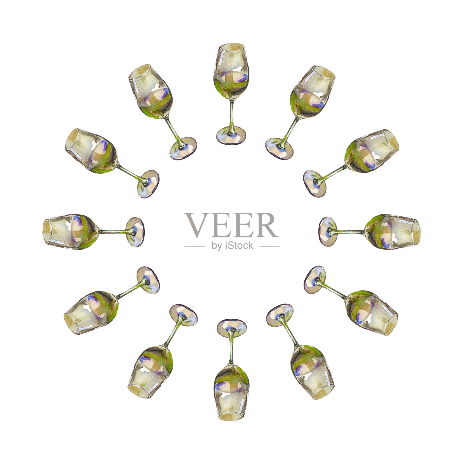 圆形框架的酒杯与白葡萄酒，孤立的白色。水彩画插图。插画图片素材