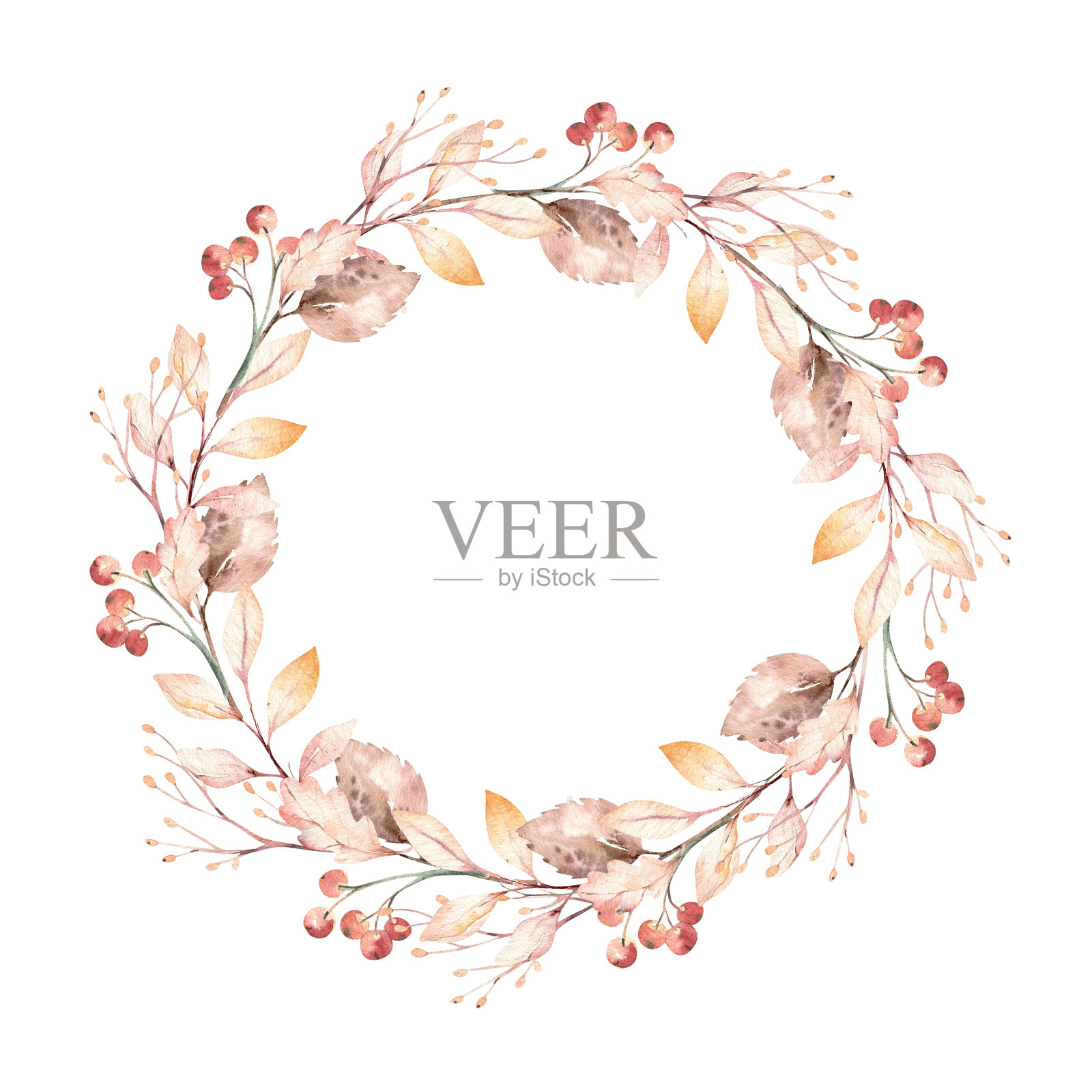 水彩秋花环插图。花框架与金色的树枝，树叶和浆果。一套秋季森林植物。植物标本馆花园收藏。插画图片素材